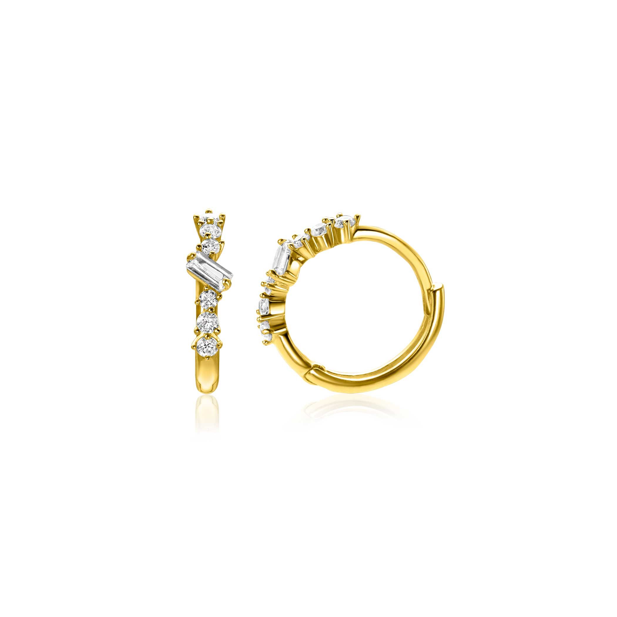 13mm ZINZI Gold 14 ct gold hoop earrings with rectangular baguette-cut zirconias and six round white cubic zirconias, with luxury clip closure 13 x 2mm ZGO528