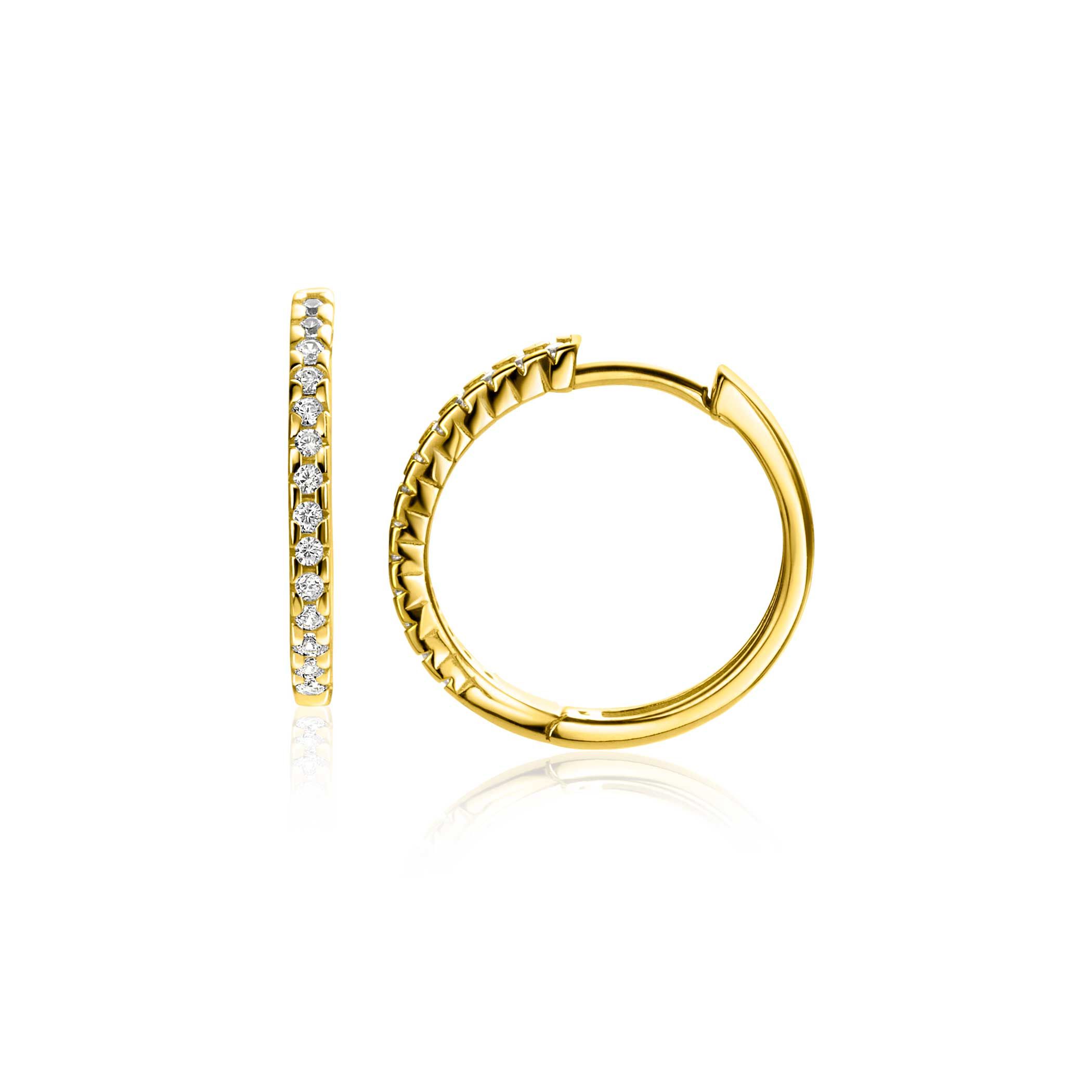 17mm ZINZI Gold 14 karat gold hoop earrings set with white zirconia stones and luxurious hinged closure 17mm x 1.7mm square tube ZGO506

