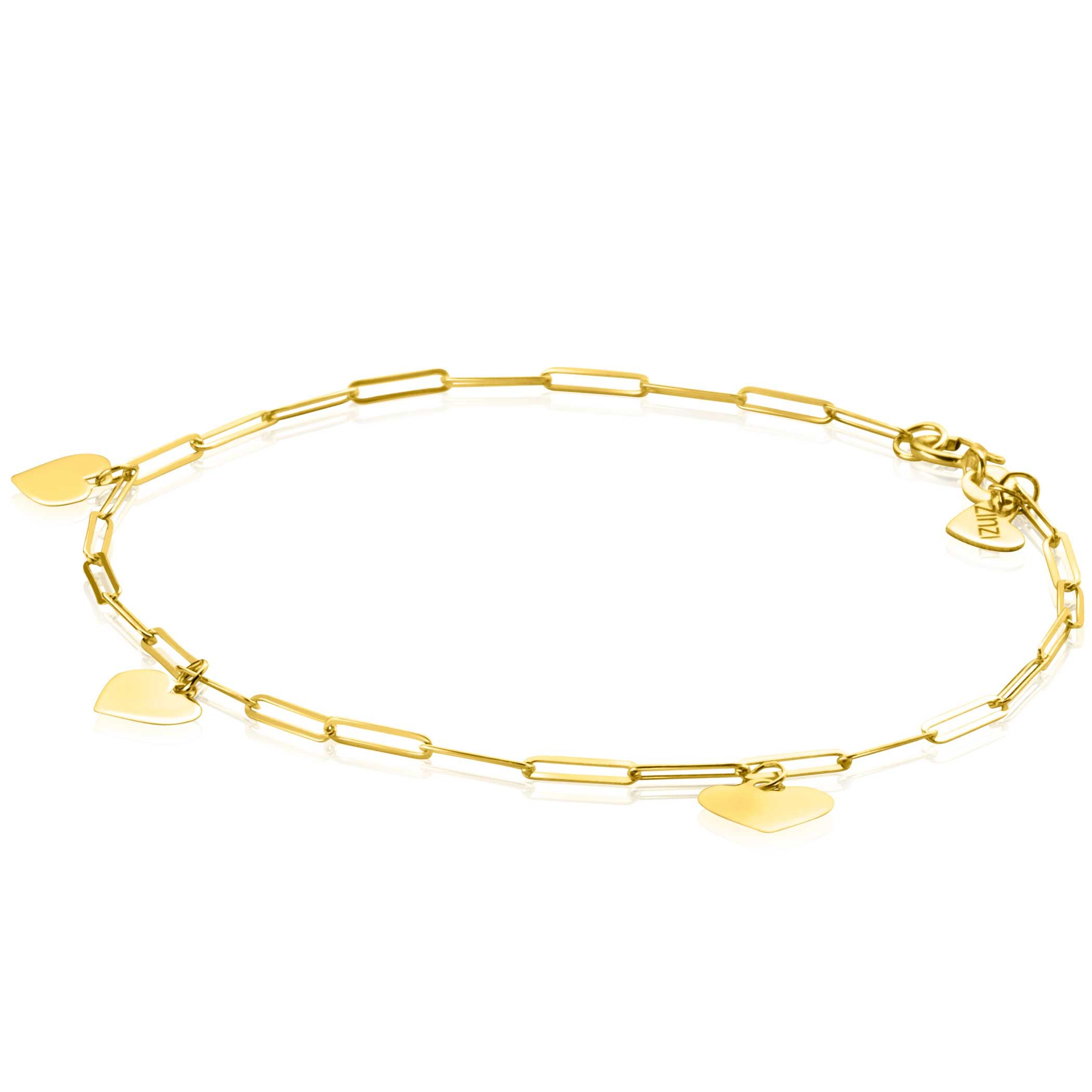 ZINZI 14K Gold  Bracelet Trendy Paperclip Chains 3 Heart Charms 1,8mm width 18,5cm ZGA342