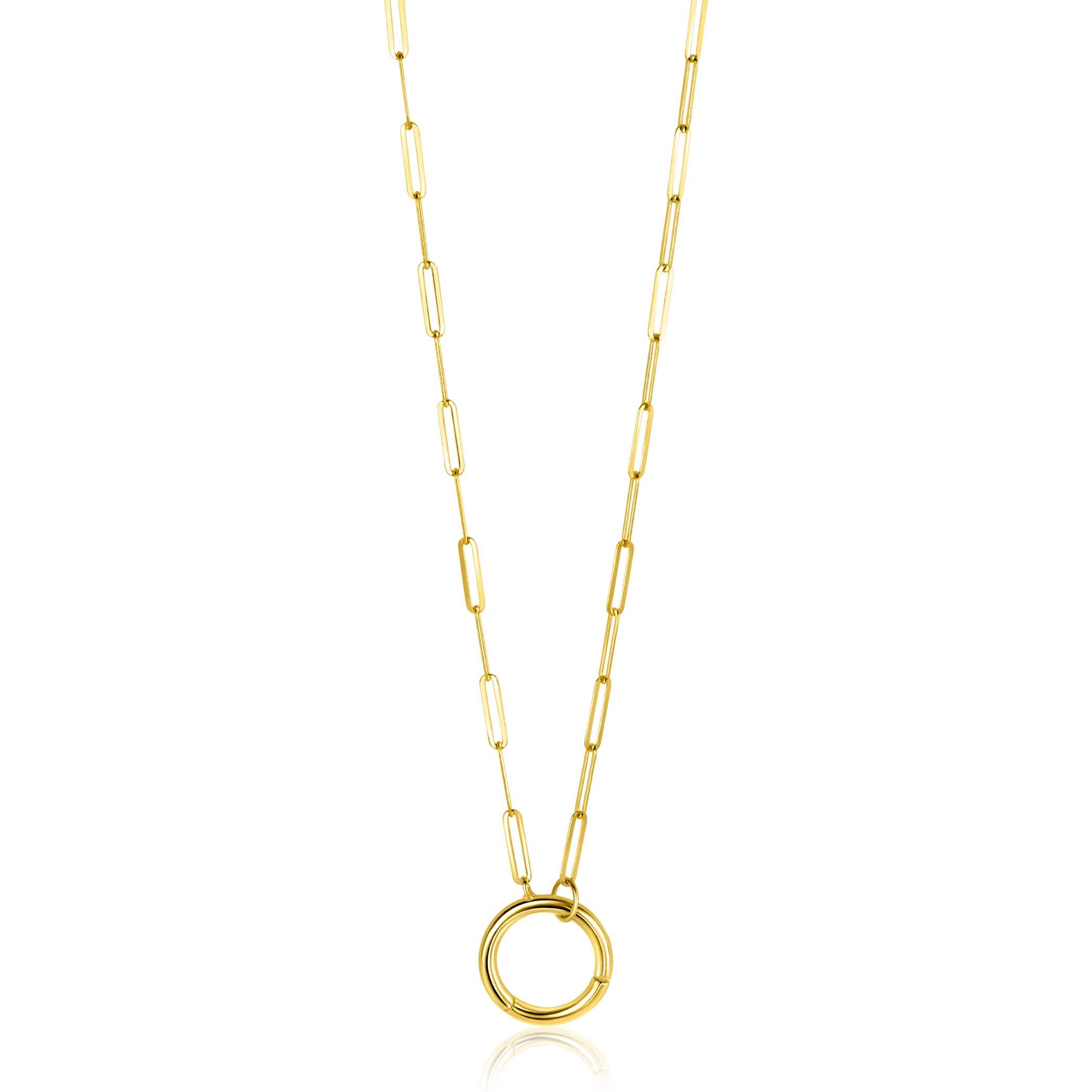 ZINZI Gold 14 karat gold paperclip necklace with a striking round front clasp, to which you can attach charms 45cm ZGC493
