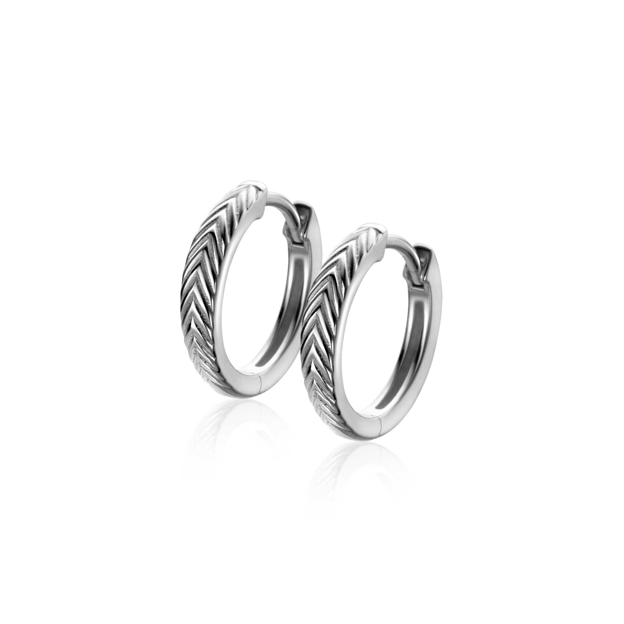 15mm ZINZI silver hoop earrings with feather motif 3mm wide and luxury hinge closure ZIO2644