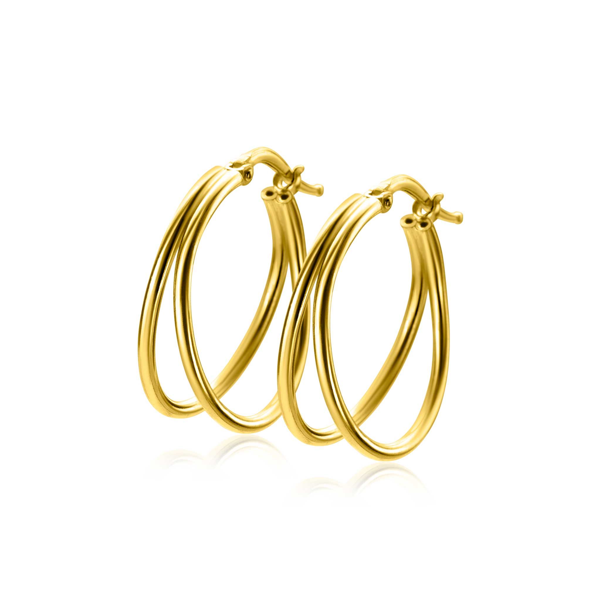 23mm ZINZI gold-plated silver multi-look hoops with a trendy double tube and a practical top closure, ZIO-BF114G