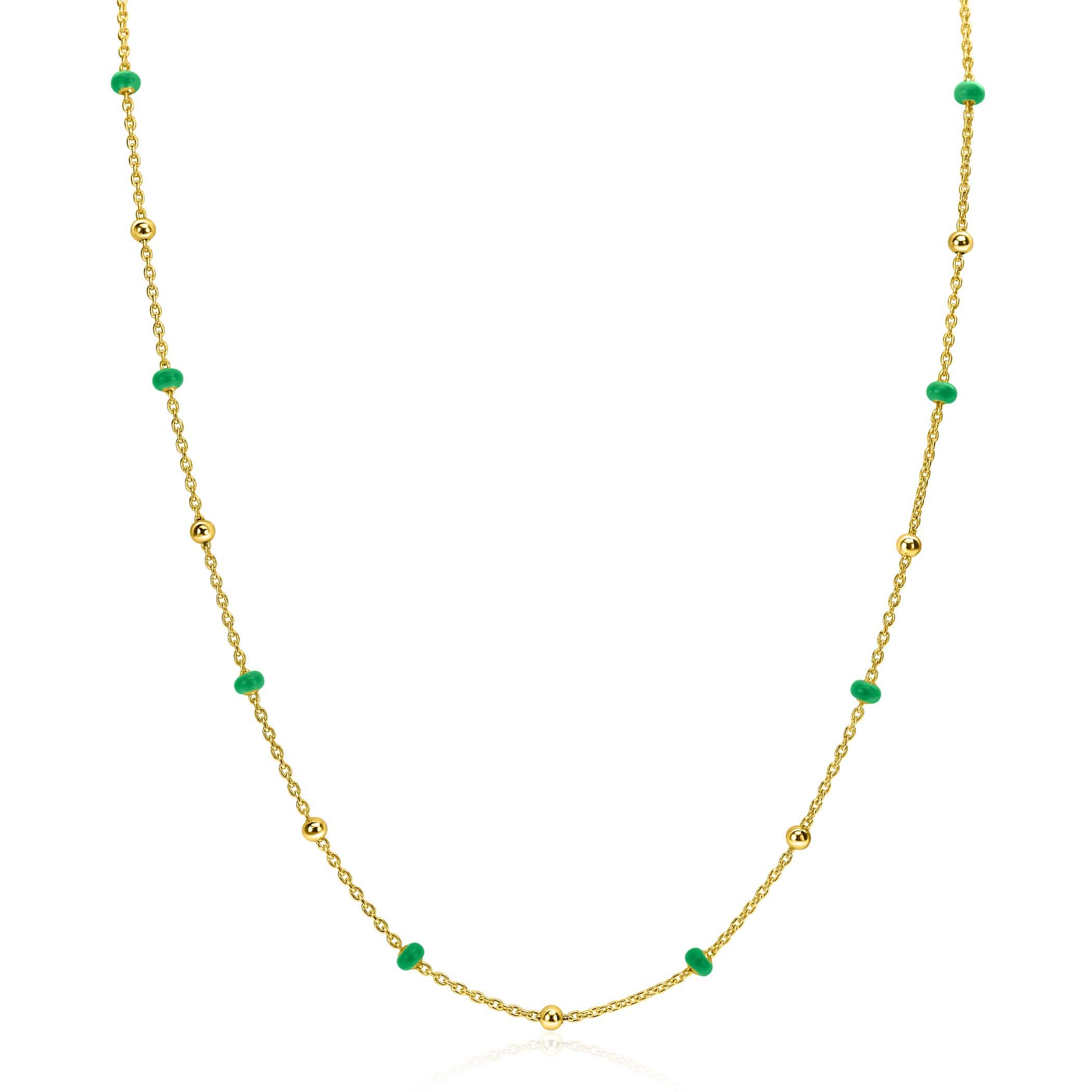 ZINZI Gold Plated Sterling Silver Fantasy Necklace with 13 Green Donuts and Shiny Beads 42-45cm ZIC2509