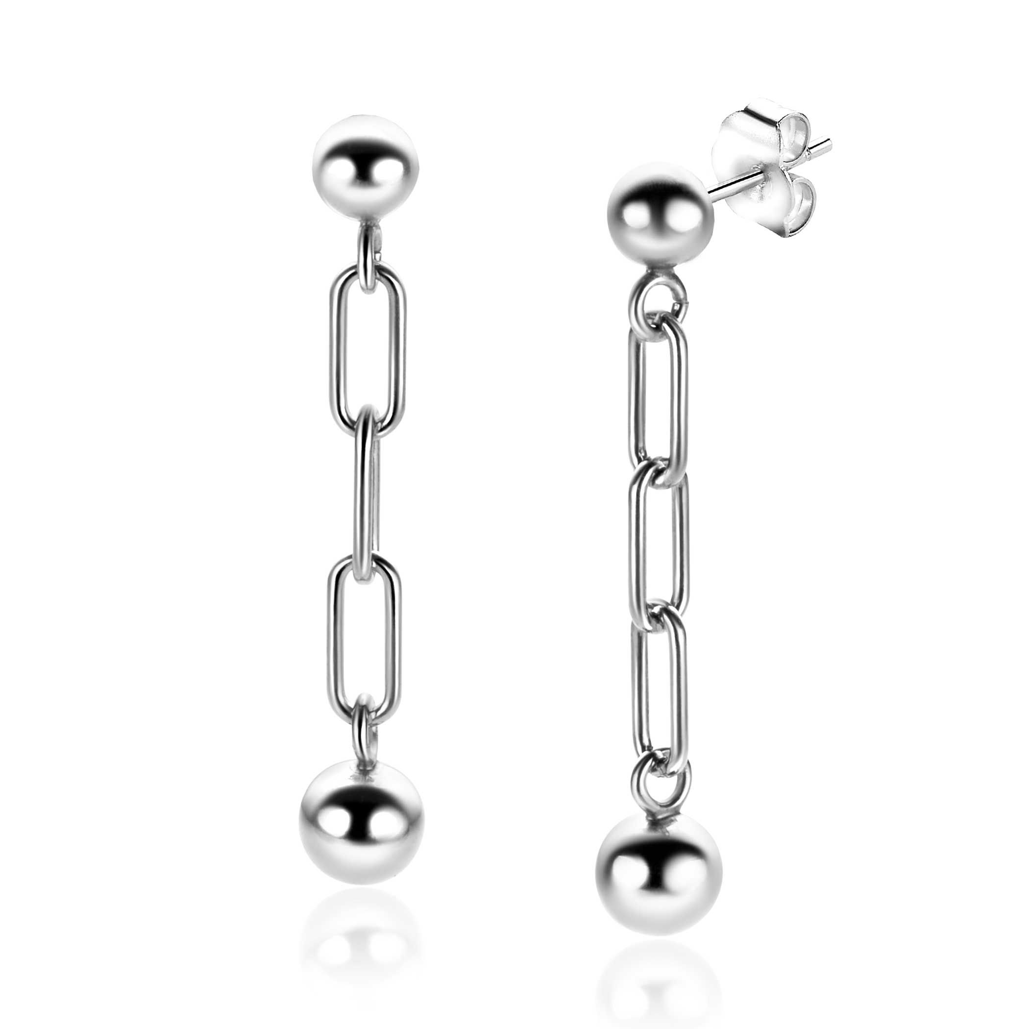 38mm ZINZI Sterling Silver Stud Earrings with Oval Chains and Dangling Bead 6mm ZIO2541