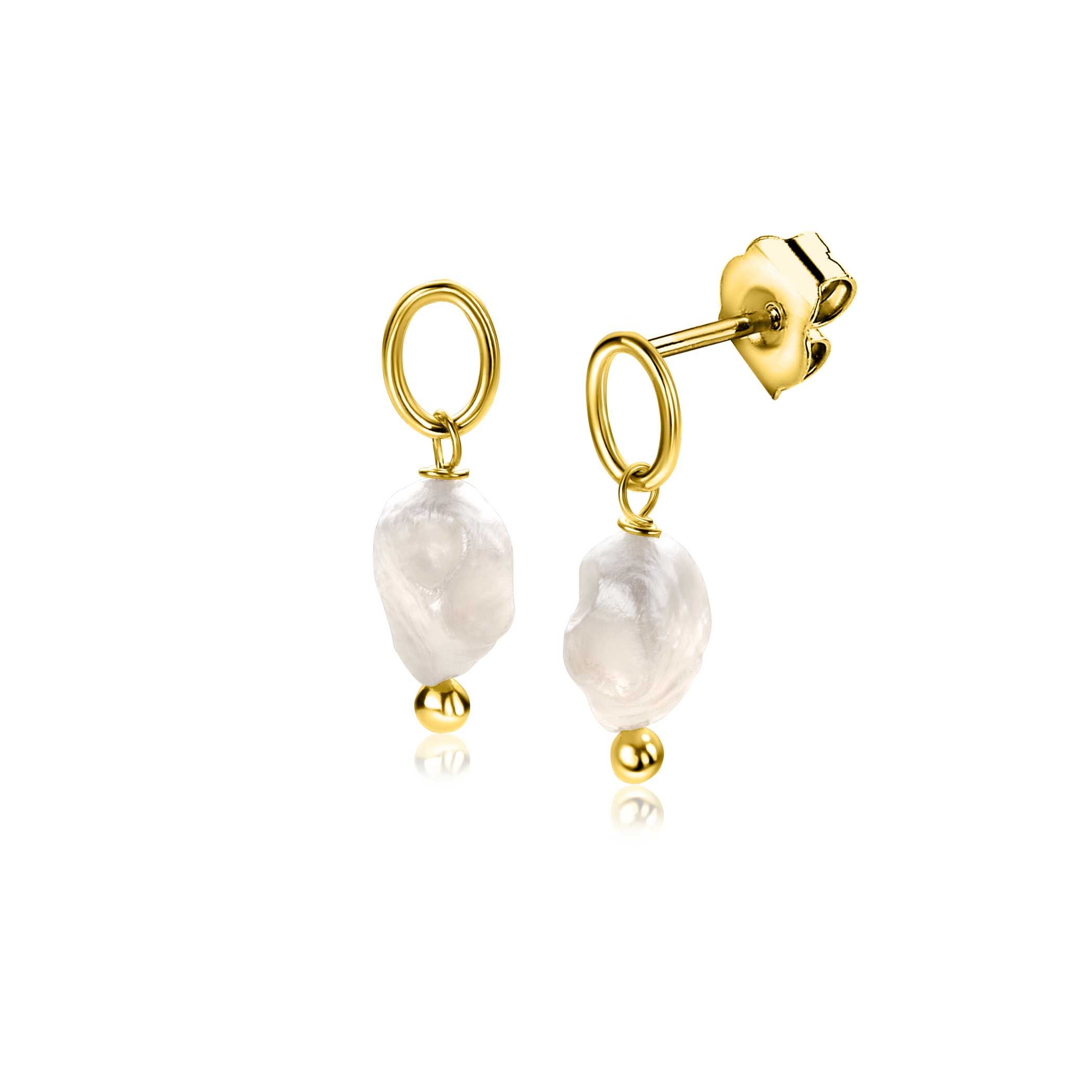 21mm ZINZI gold-plated silver stud earrings with an openwork circle, featuring a dangling white freshwater pearl, ZIO-BF112G