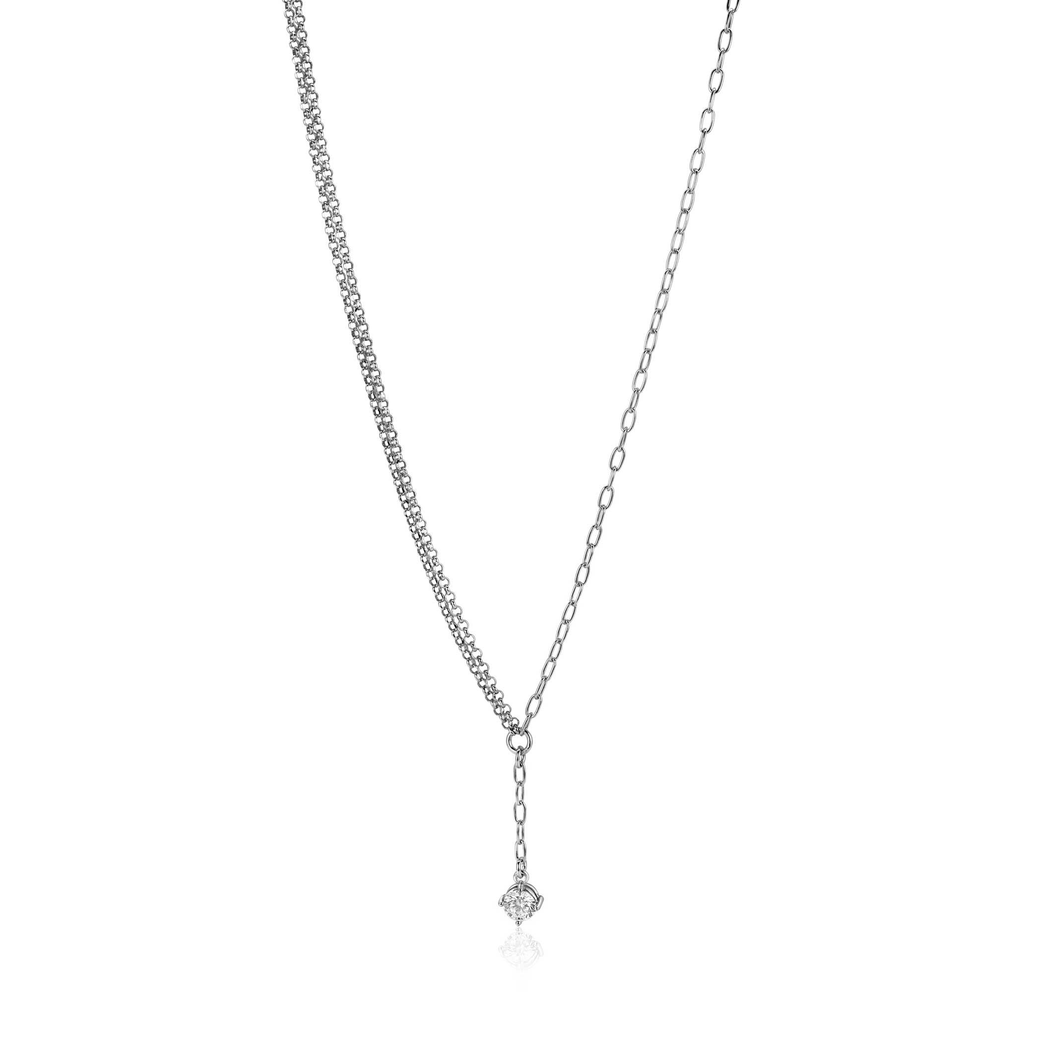 ZINZI silver Y-necklace with subtle links, dangling white round cubic zirconia 42-45cm ZIC2660