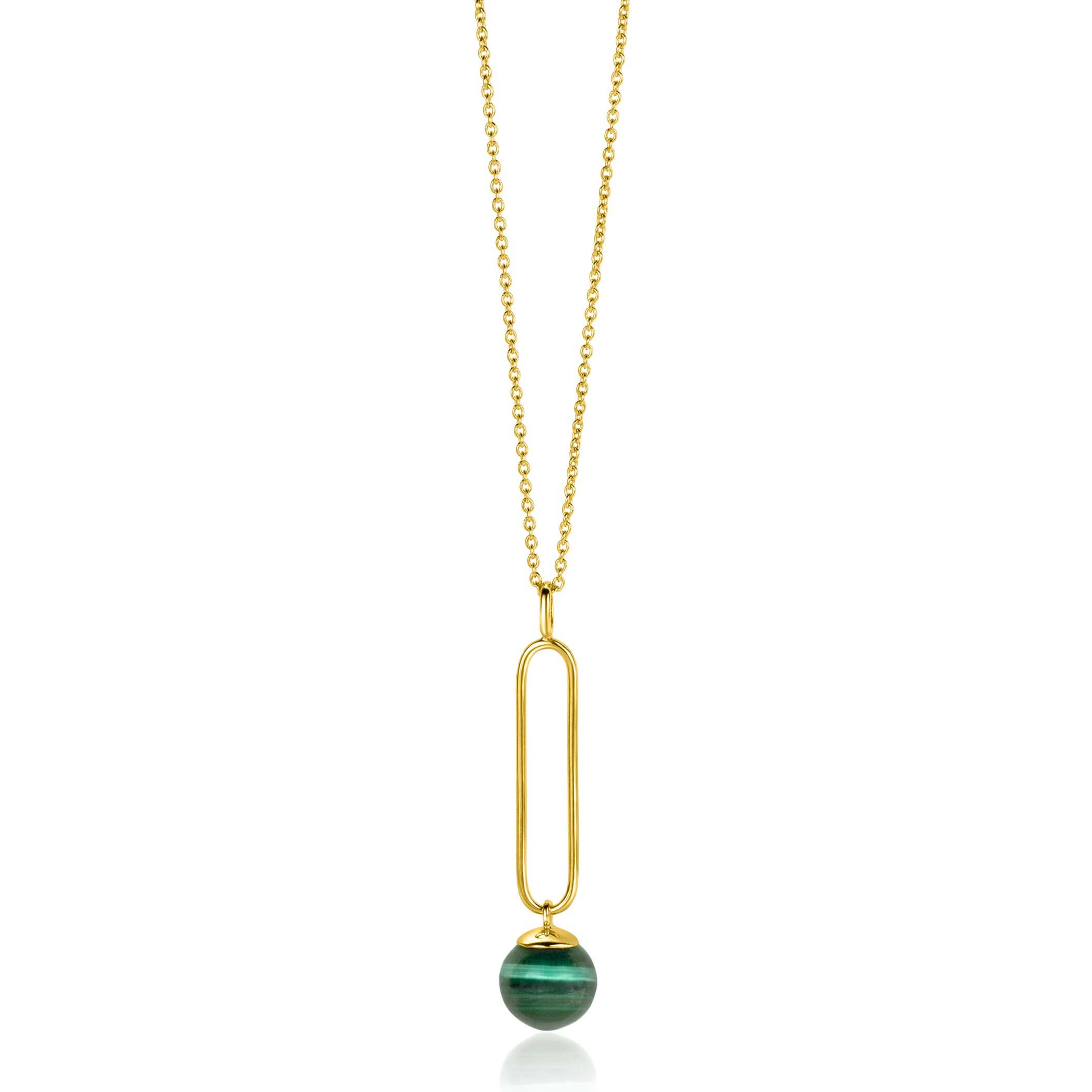 ZINZI Gold Plated Sterling Silver Necklace with Oval Pendant and Dangling Bead in Green Cat's Eye 40-45cm ZIC2420