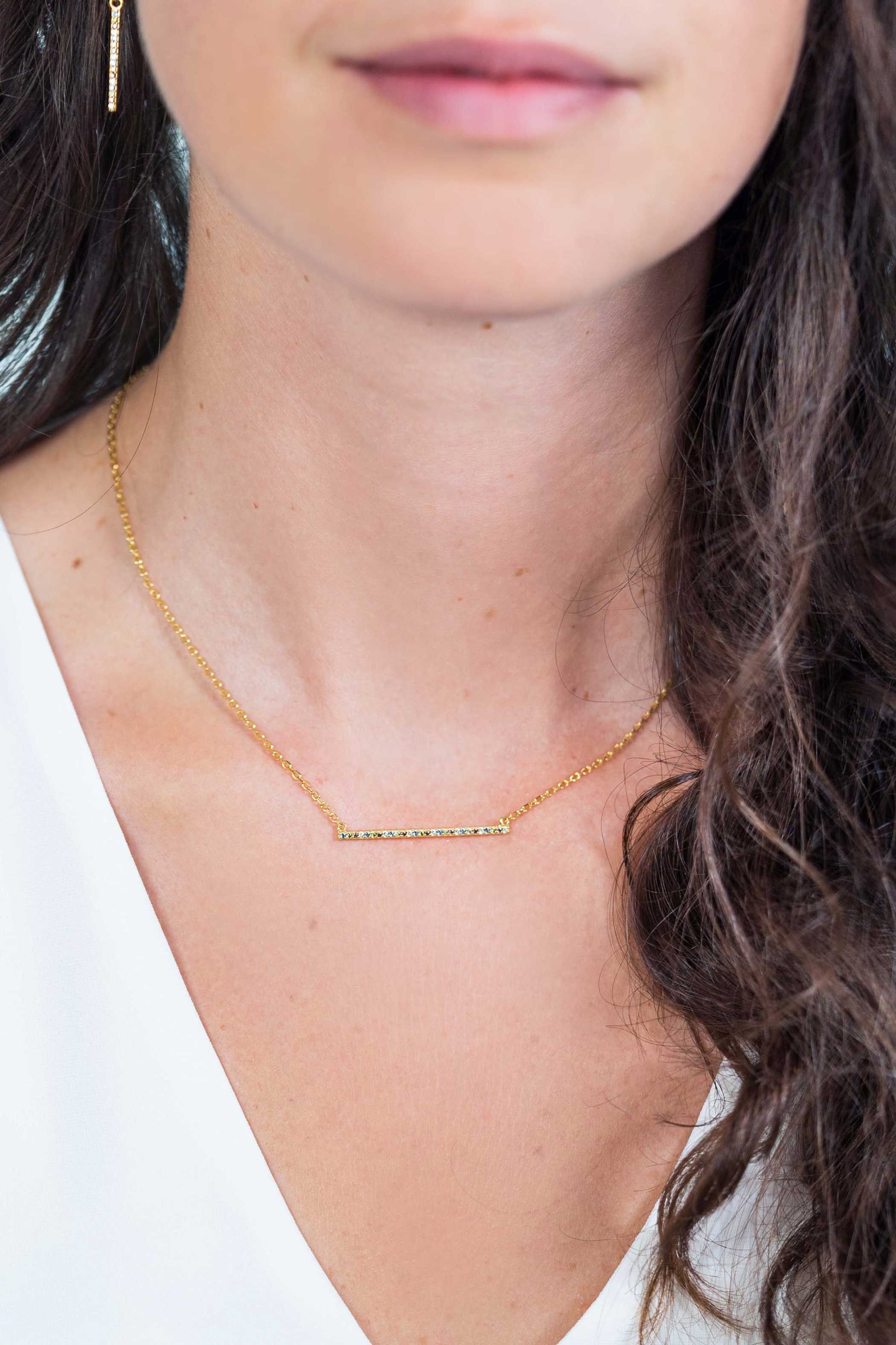 ZINZI Gold Plated Sterling Silver Chain Necklace Bar White Zirconias and Green Blue Brown Color Stones 42-45cm ZIC1964G