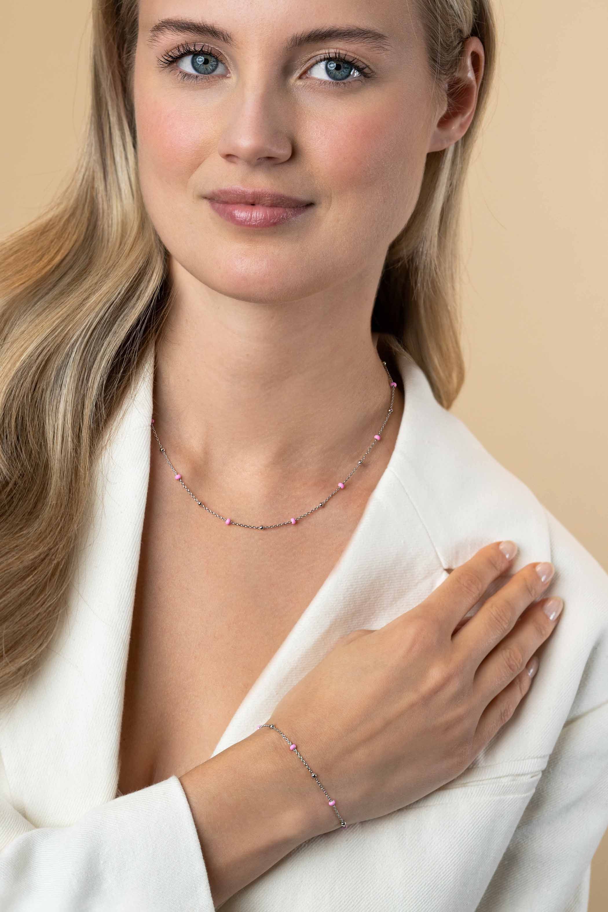 ZINZI Sterling Silver Fantasy Necklace with 13 Pink Donuts and Shiny Beads 42-45cm ZIC2510