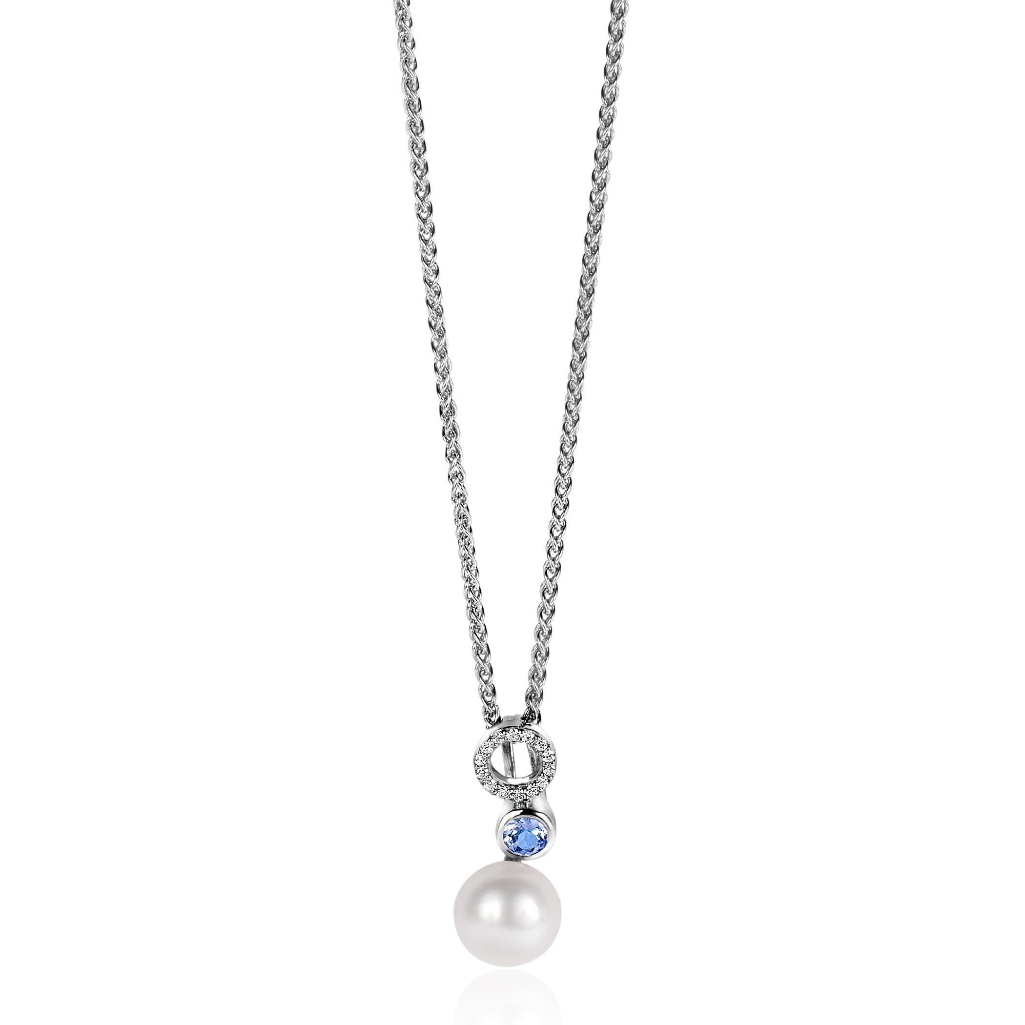 20mm ZINZI Sterling Silver Pendant White Pearl, Round Light Blue Color Stone and Open Circle Set with White Zirconias ZIH2442 (excl. necklace)