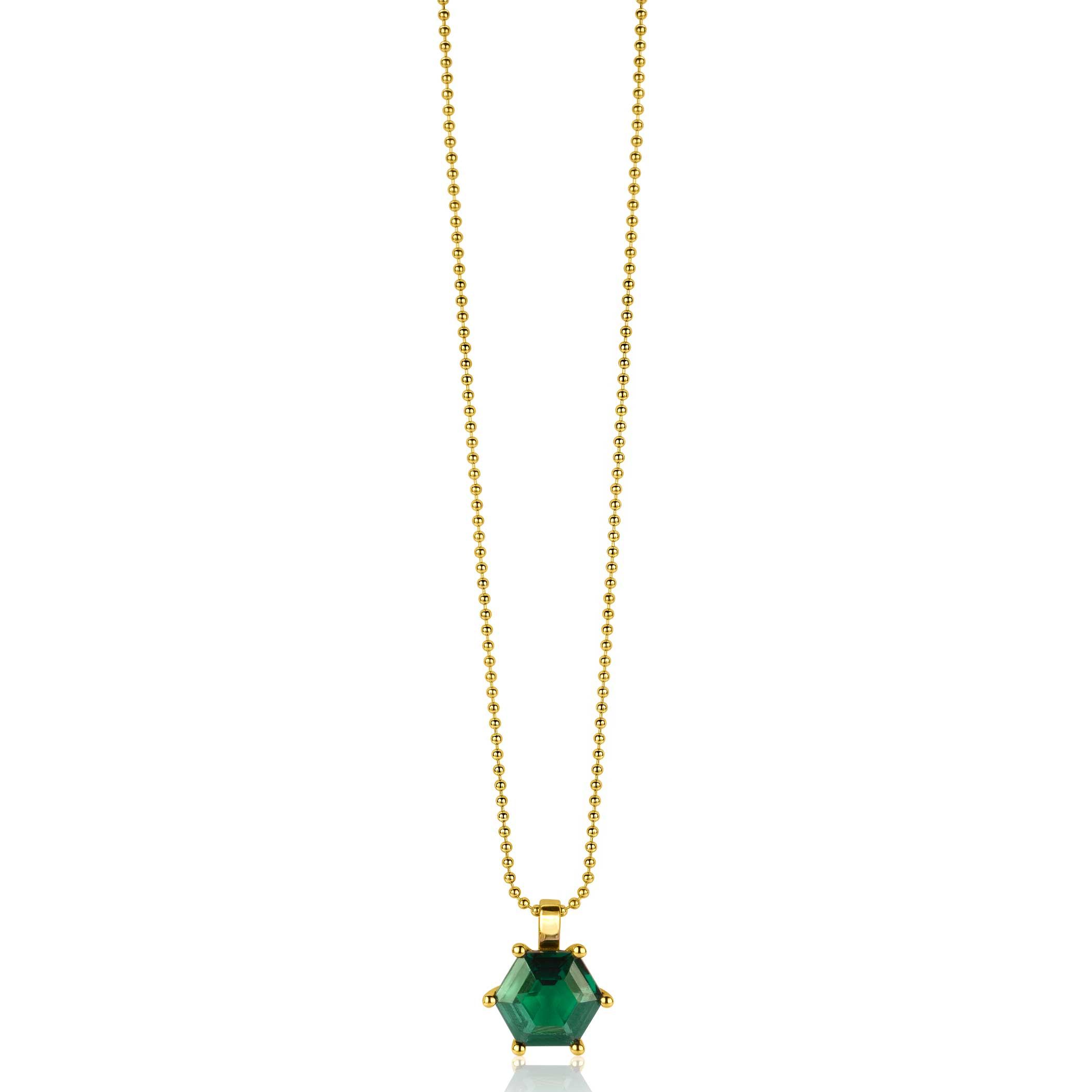 15mm ZINZI Gold Plated Sterling Silver Pendant Hexagon Green Color Stone ZIH2259G (excl. necklace)