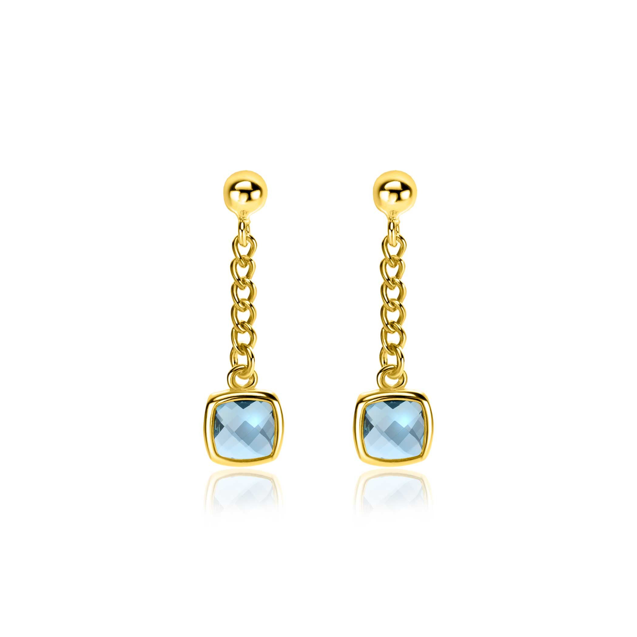 25mm ZINZI Gold Plated Sterling Silver Stud Earrings with Curb Chain and Square Setting with Indigo Blue Color Stone ZIO2417G