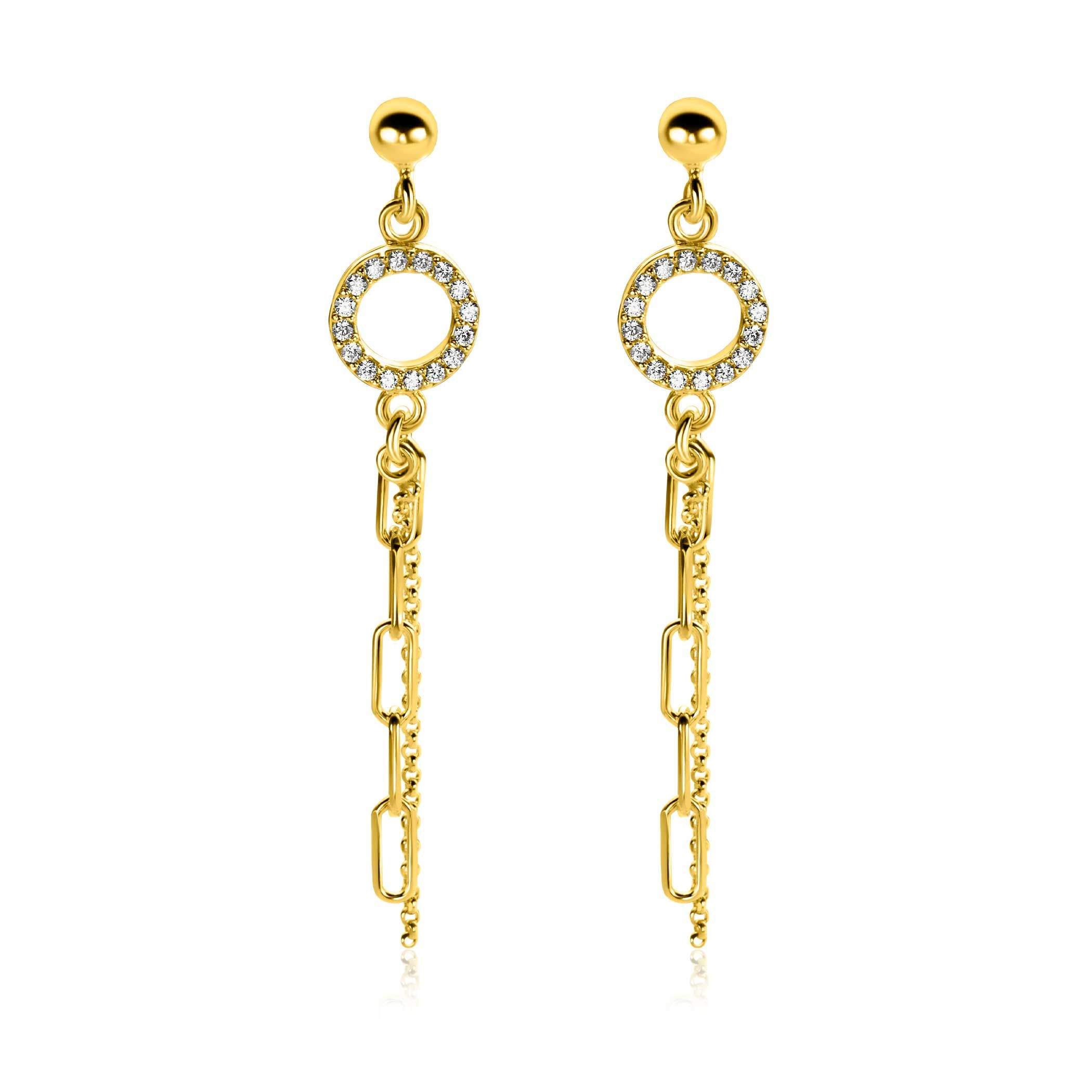 46mm ZINZI Gold Plated Sterling Silver Stud Earrings Open Circle White Zirconias with Dangling Paperclip and Curb Chain ZIO2464Y