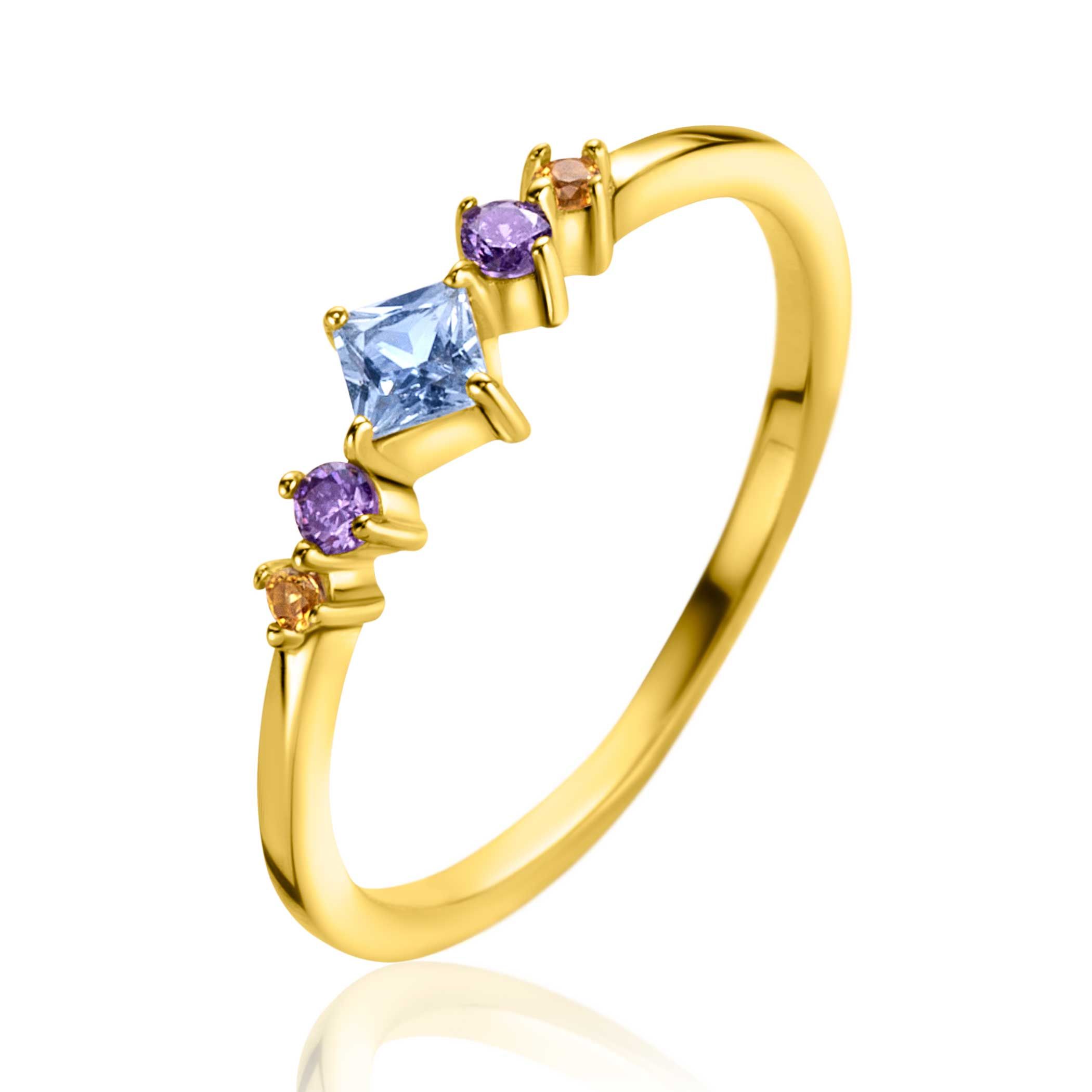 ZINZI Gold Plated Sterling Silver Ring with Blue, Purple and Champagne Color Stones in Diamond-Shape ZIR2443