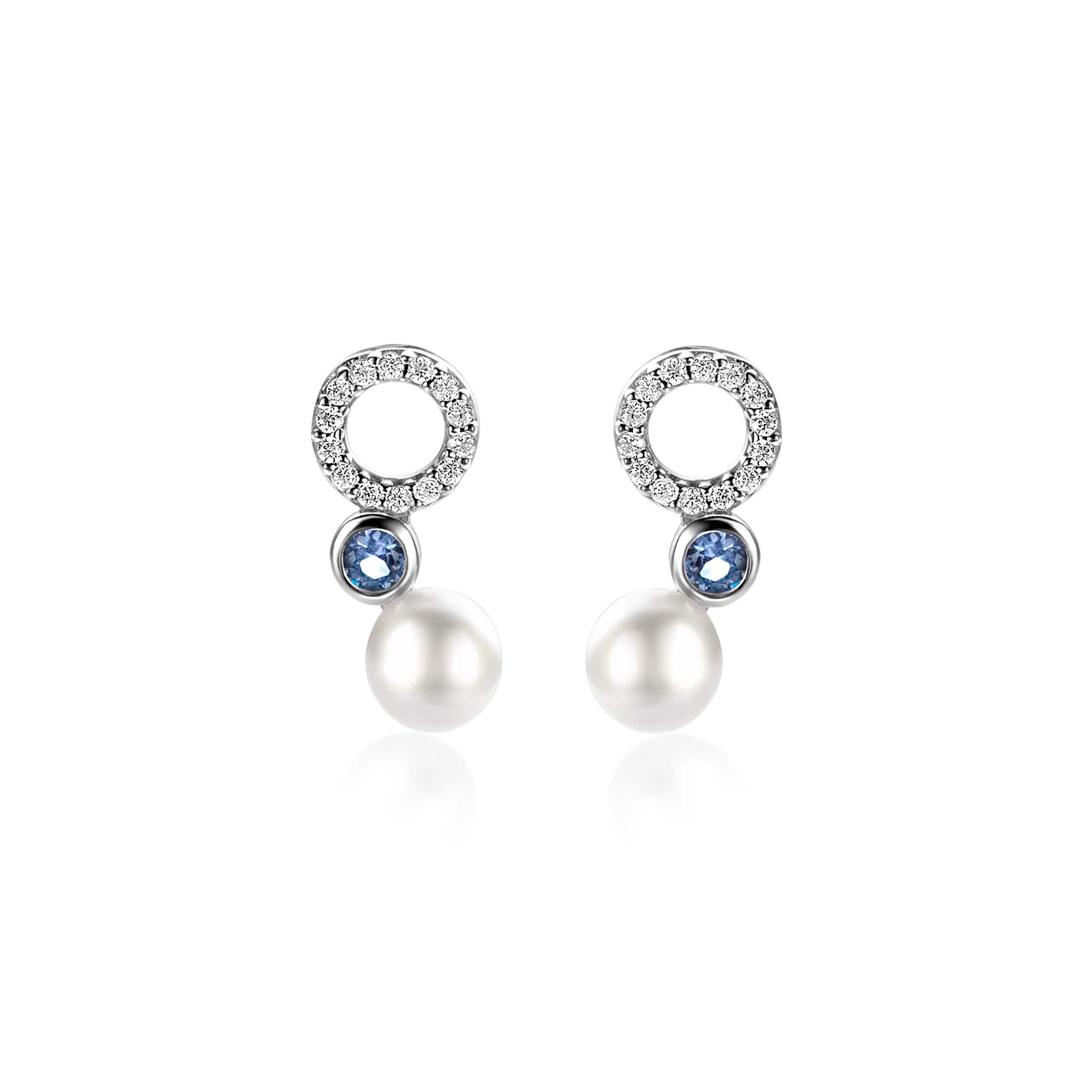 15mm ZINZI Sterling Silver Stud Earrings with White Pearl, Round Light Blue Color Stone and Open Circle White Zirconias ZIO2442