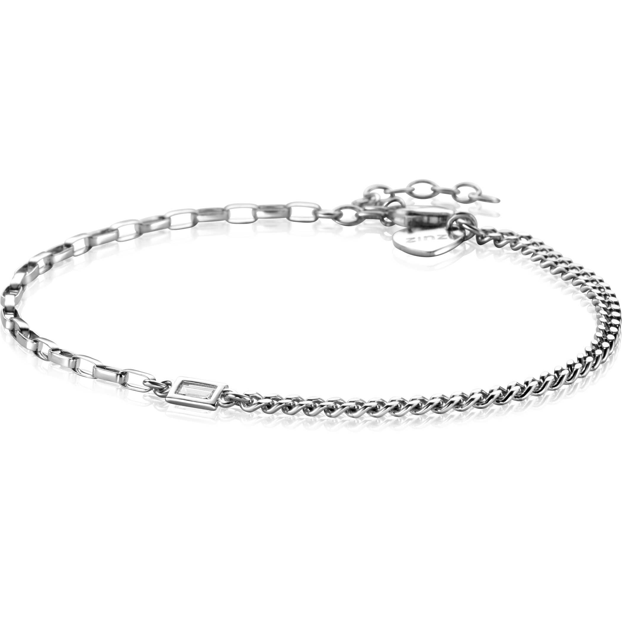 ZINZI Sterling Silver Chain Bracelet Curb and Square Chain with Rectangular Setting with White Zirconia 16,5-19,5cm ZIA2519
