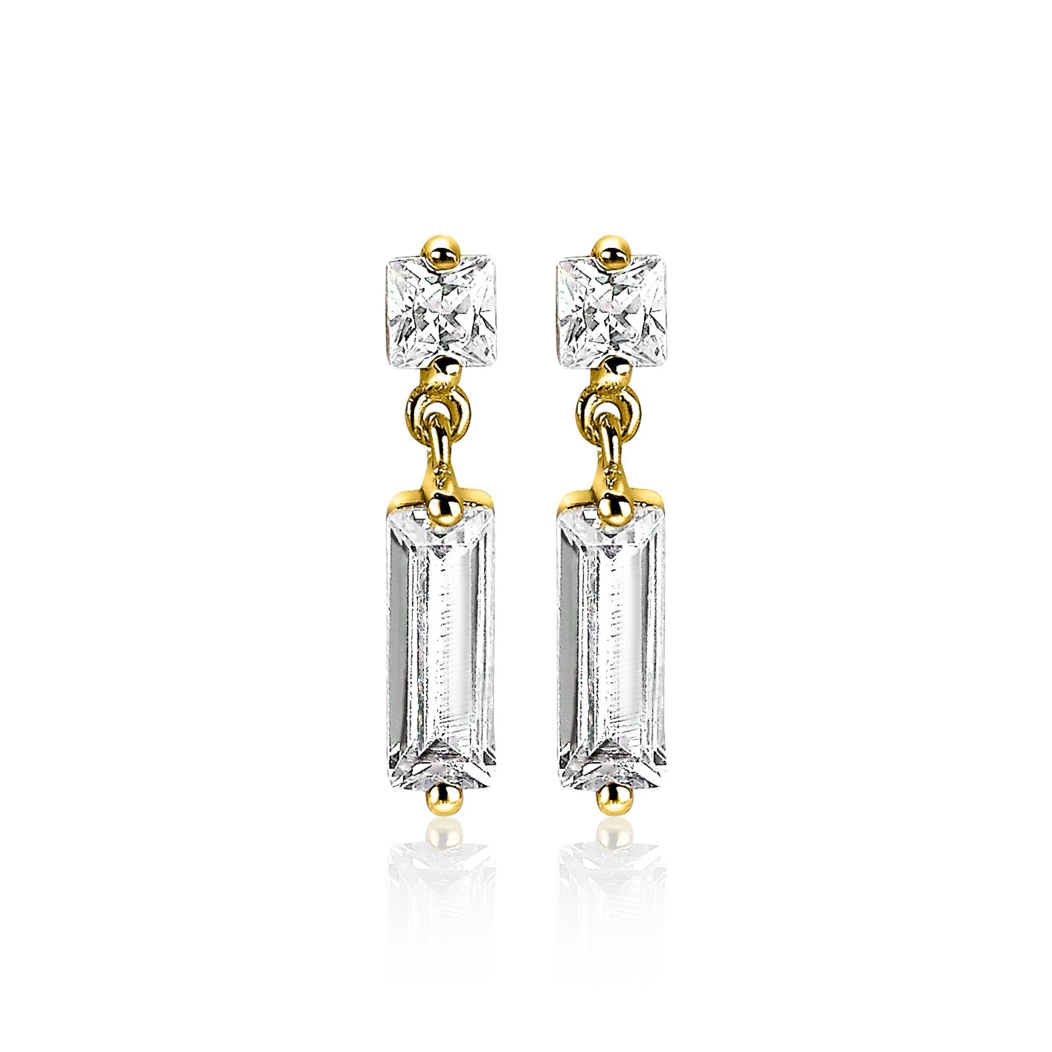 15mm ZINZI Gold Plated Sterling Silver Earrings Baguette White Zirconias ZIO2056Y