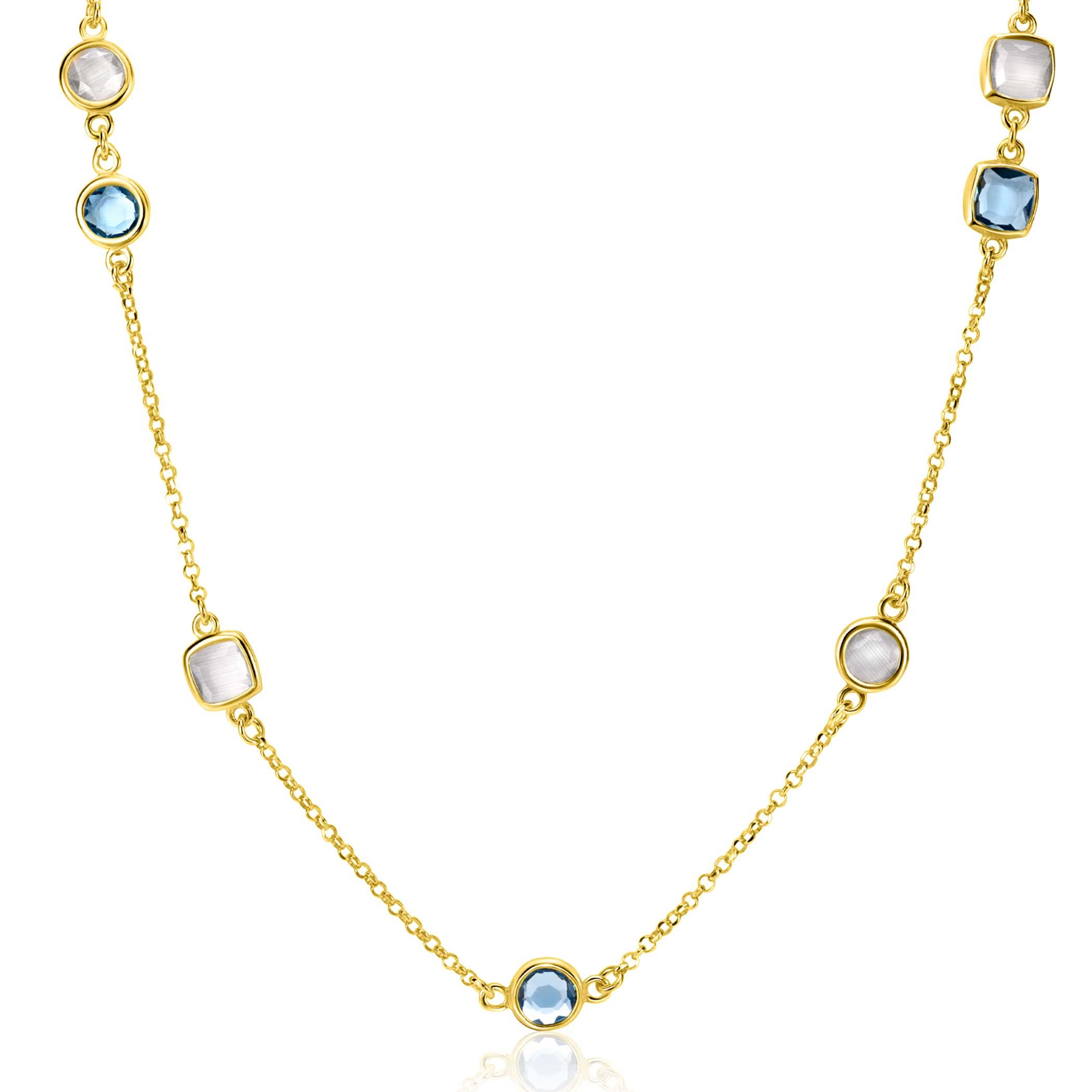 ZINZI Gold Plated Sterling Silver Multi-look Bracelet Curb and Green Bead Chain with Round Setting with Olive Green Color Stone 16,5-19,5cm ZIA2528G