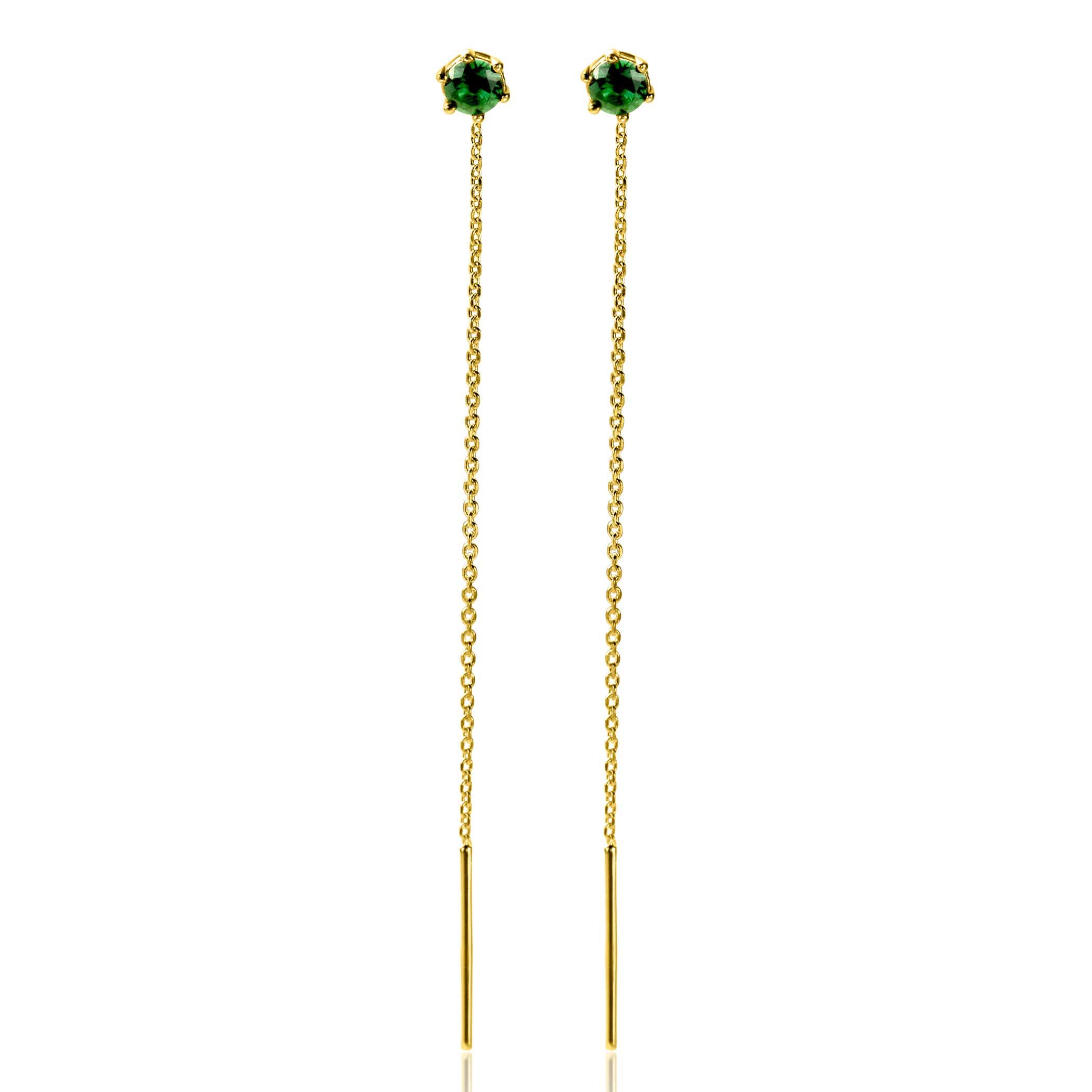 80mm ZINZI gold plated silver threader earrings with 5mm green stone chaton setting and graceful chain ZIO2576GG
