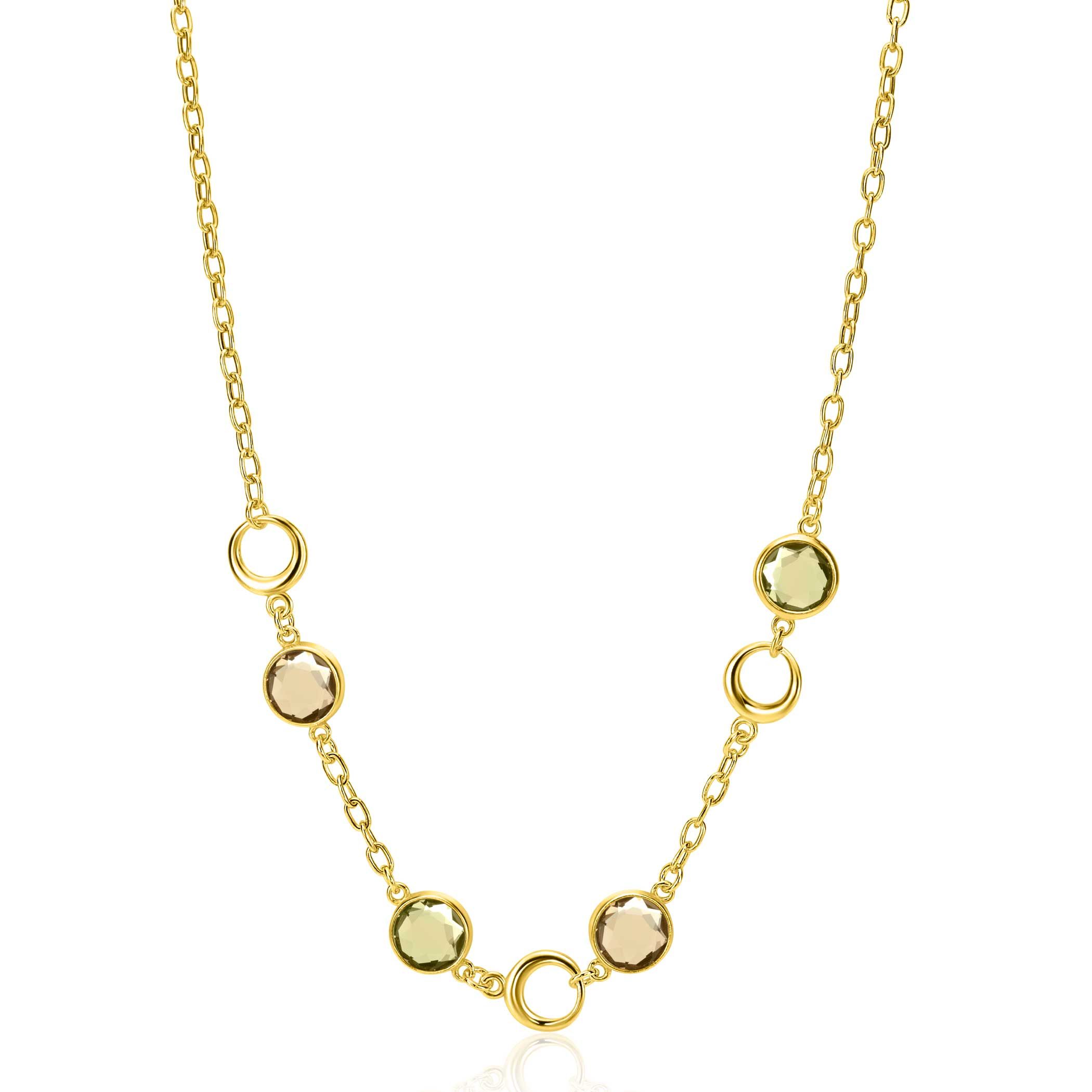 ZINZI Gold Plated Sterling Silver Fantasy Necklace with Round Settings with Champagne, Brown en Green Color Stones 42-45cm ZIC-BF91
