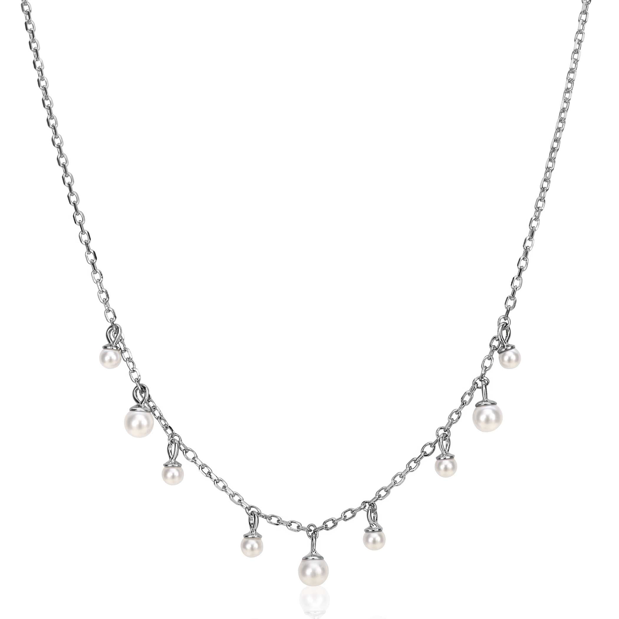 ZINZI silver chain necklace with nine round white glass pearls in various sizes, playfully distributed over the necklace 40-45cm ZIC2623