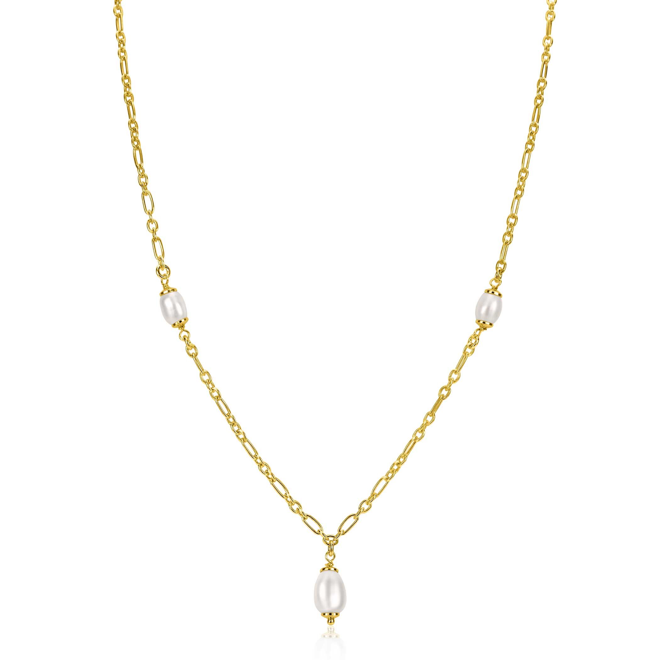 ZINZI gold plated silver chain necklace with three oval white freshwater pearls 40-45cm ZIC2588