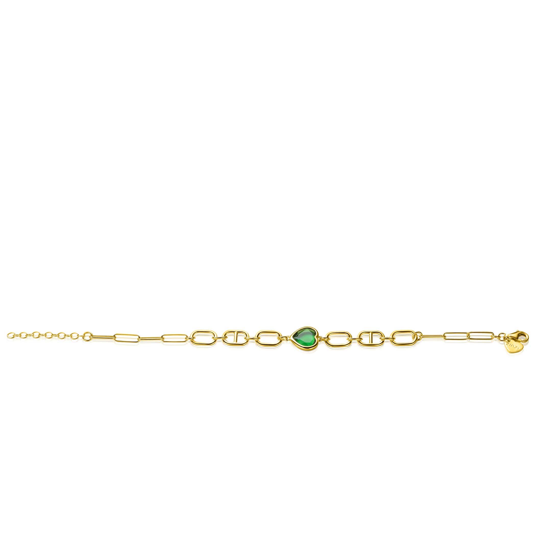 ZINZI Gold Plated Sterling Silver Bracelet Trendy Oval en Marine Chains with Big Heart Set with Green Color Stone 16,5-19,5cm ZIA-BF68
