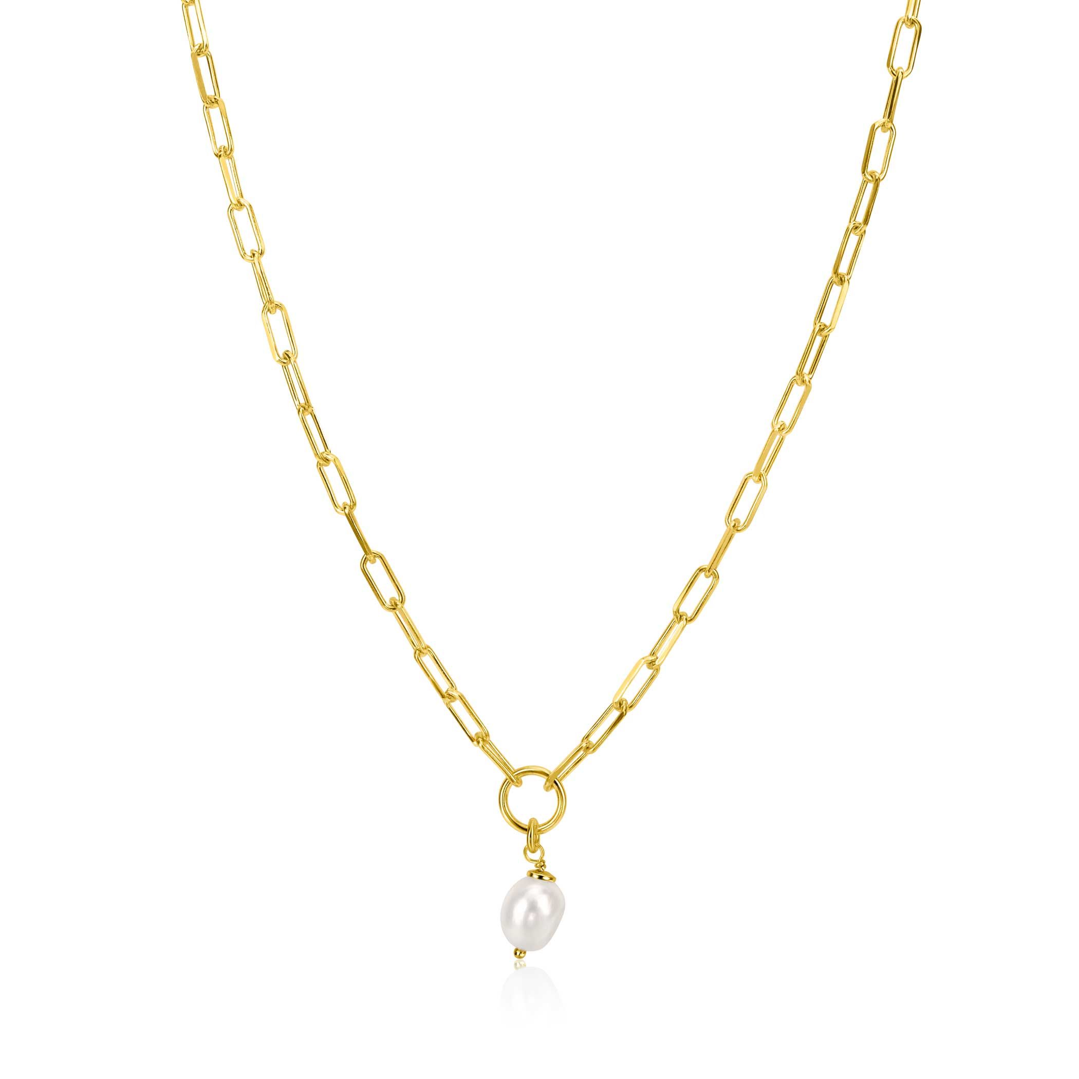 ZINZI gold-plated silver paperclip link necklace with open circle and white freshwater pearl, 42-45cm, ZIC-BF100