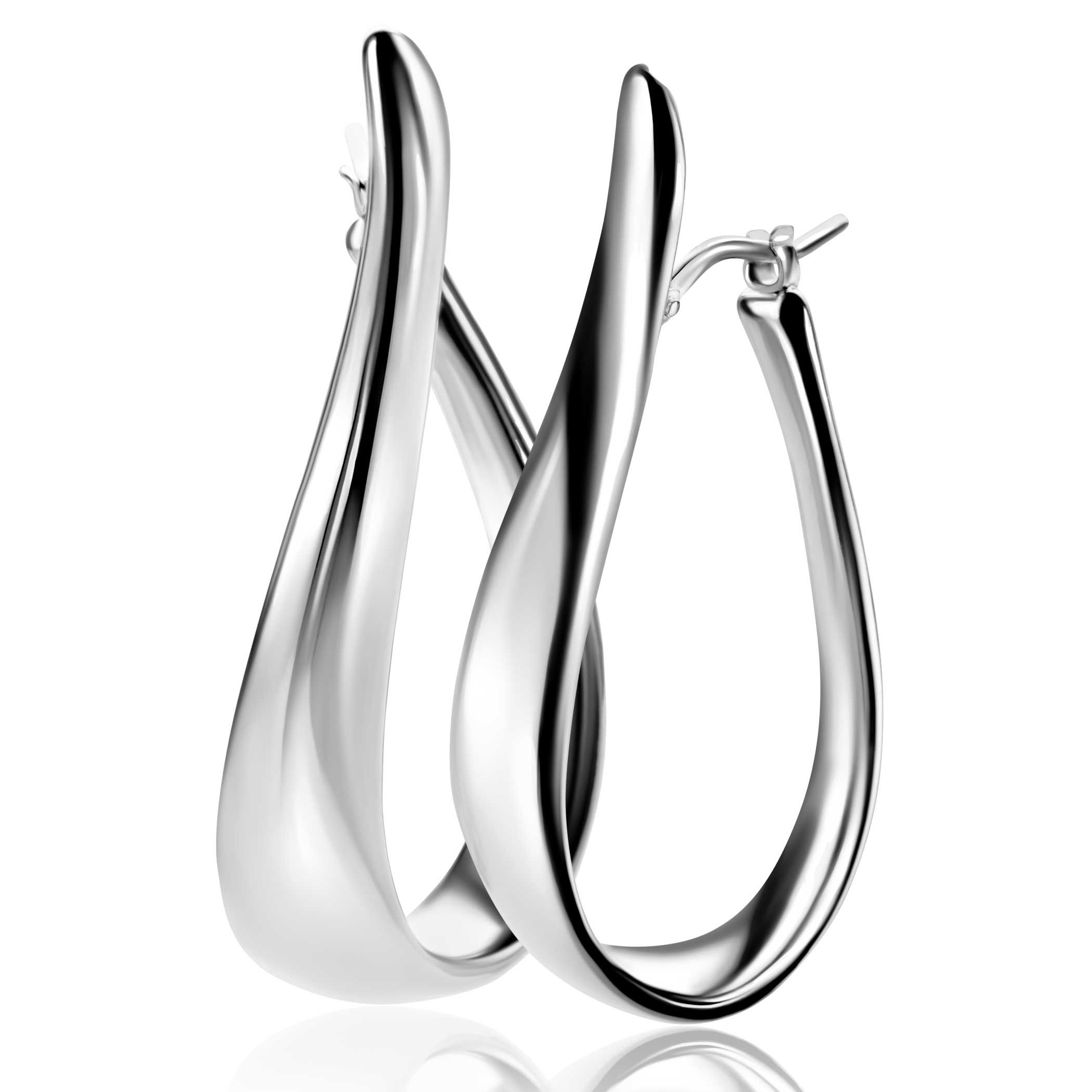 49mm ZINZI silver large hoop earrings in organic shape with a playful twist and convenient top closure ZIO2675
