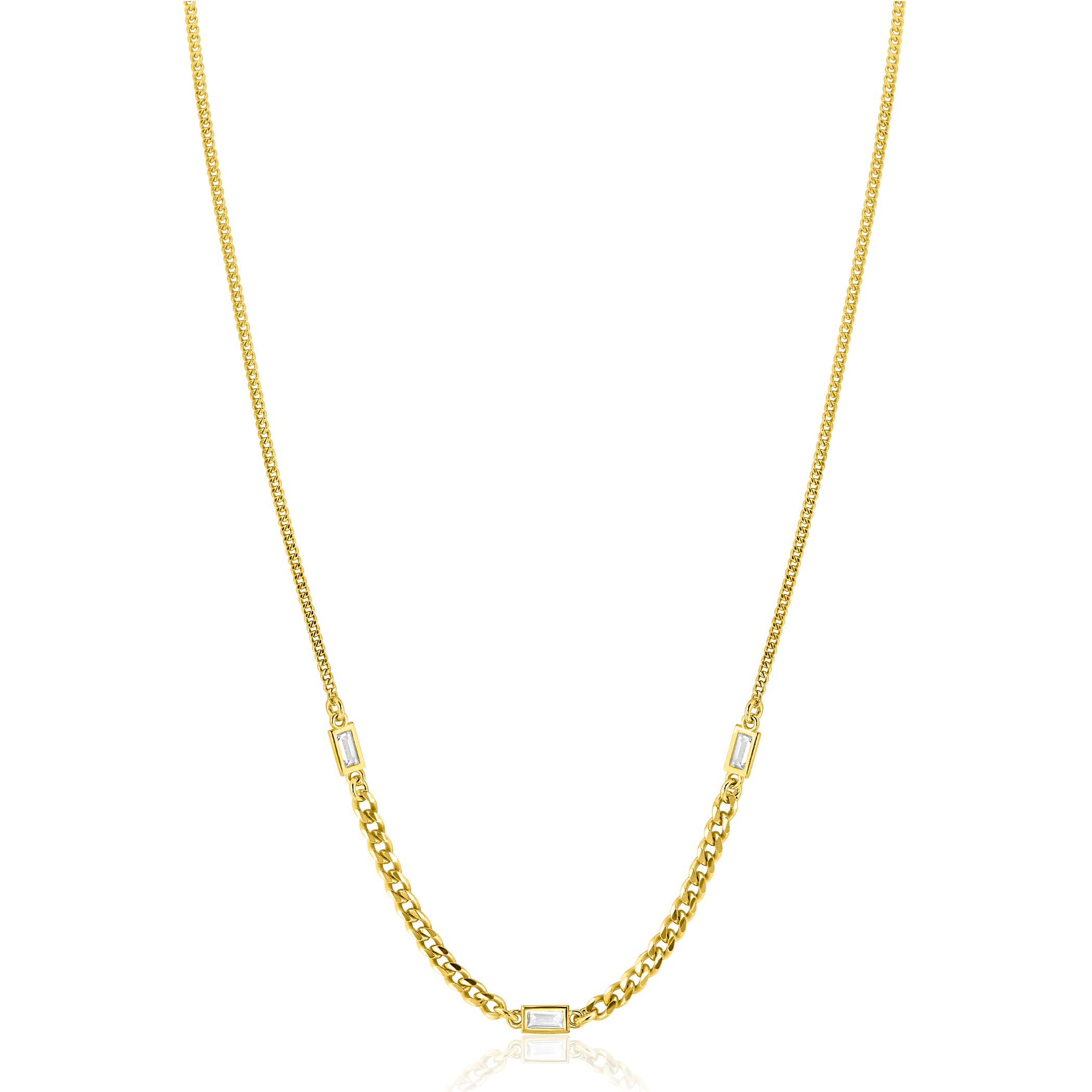 ZINZI Gold Plated Sterling Silver Necklace with Curb Chains in Different Sizes Combined with 3 Rectangular Baguette Cut Zirconias 42-45cm ZIC2410