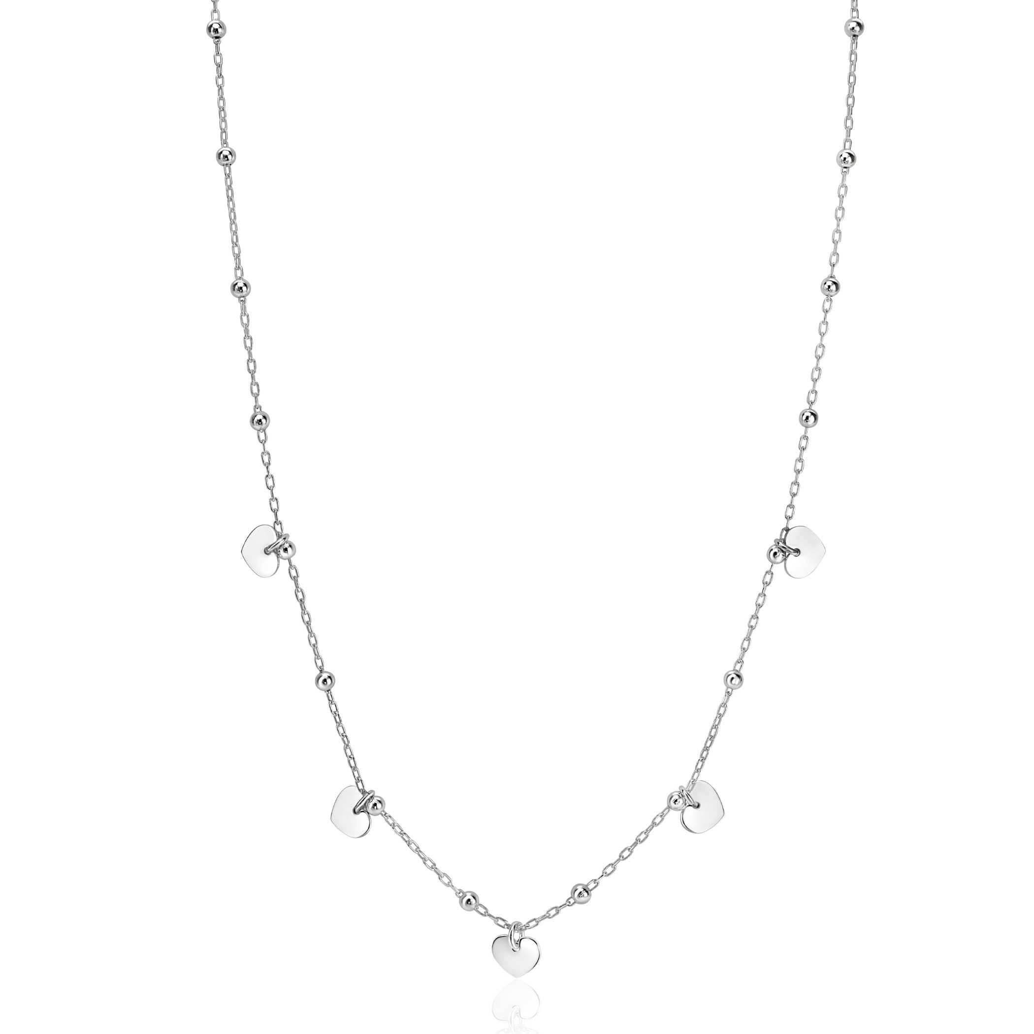 ZINZI Sterling Silver Chain Necklace with Beads and 5 Shiny Heart Charms 42-45cm ZIC2531