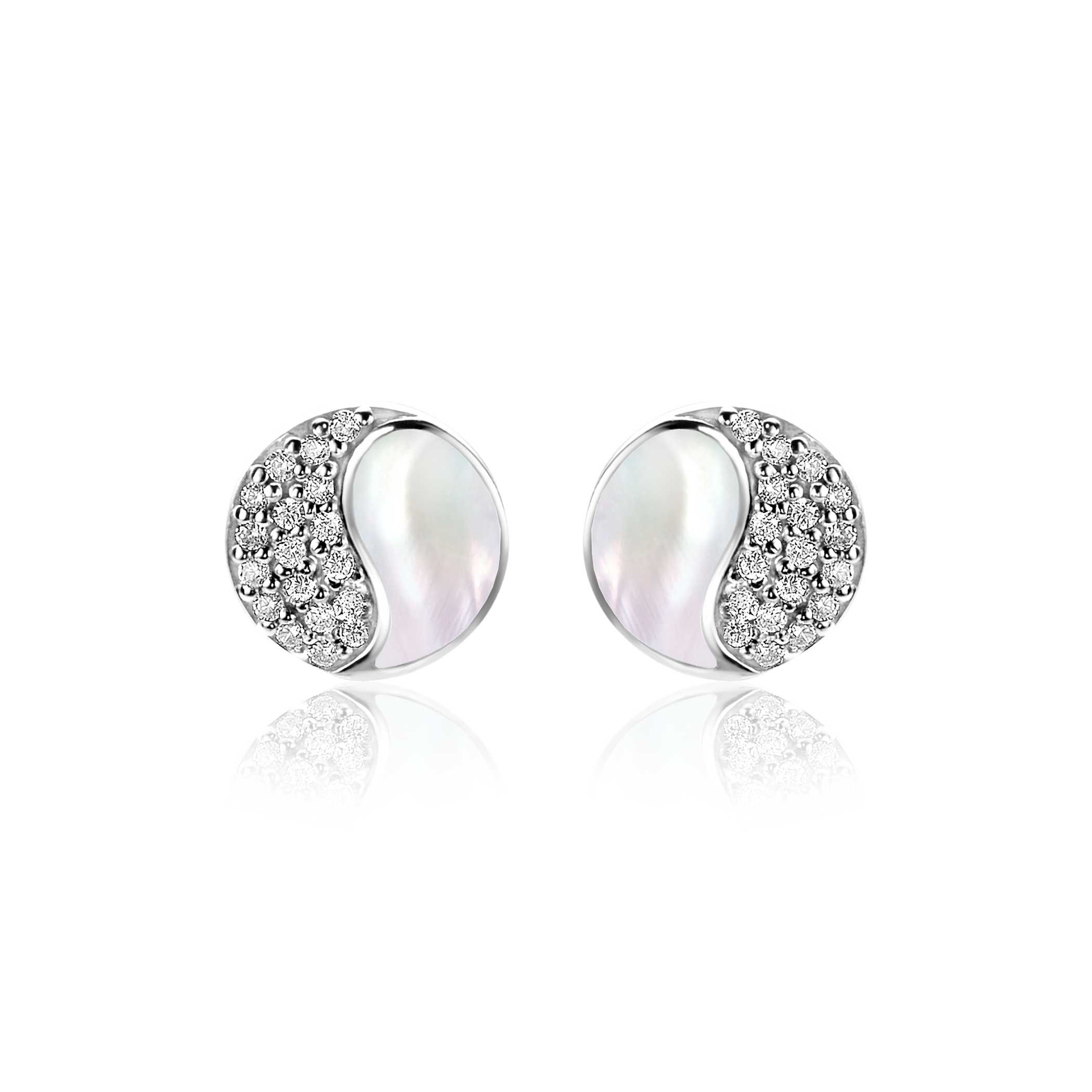 9mm ZINZI Sterling Silver Yin Yang Stud Earrings Mother-of-Pearl and White Zirconias ZIO2423