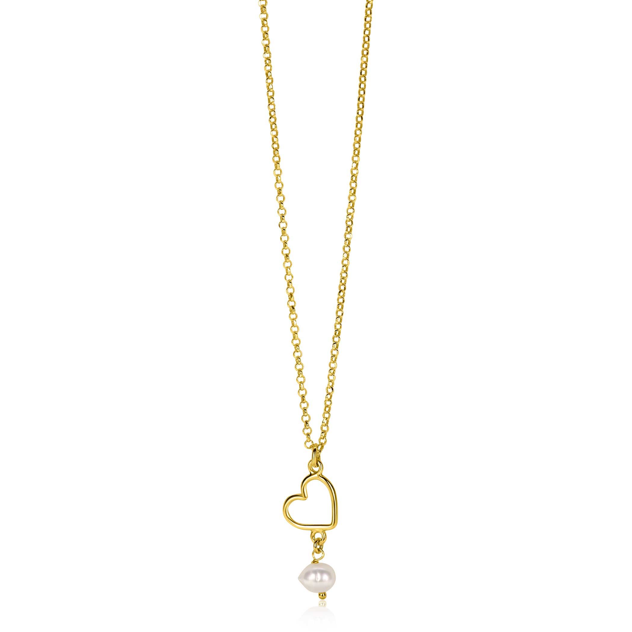 ZINZI gold plated silver necklace with open heart and dangling white freshwater pearl 40-45cm ZIC2642