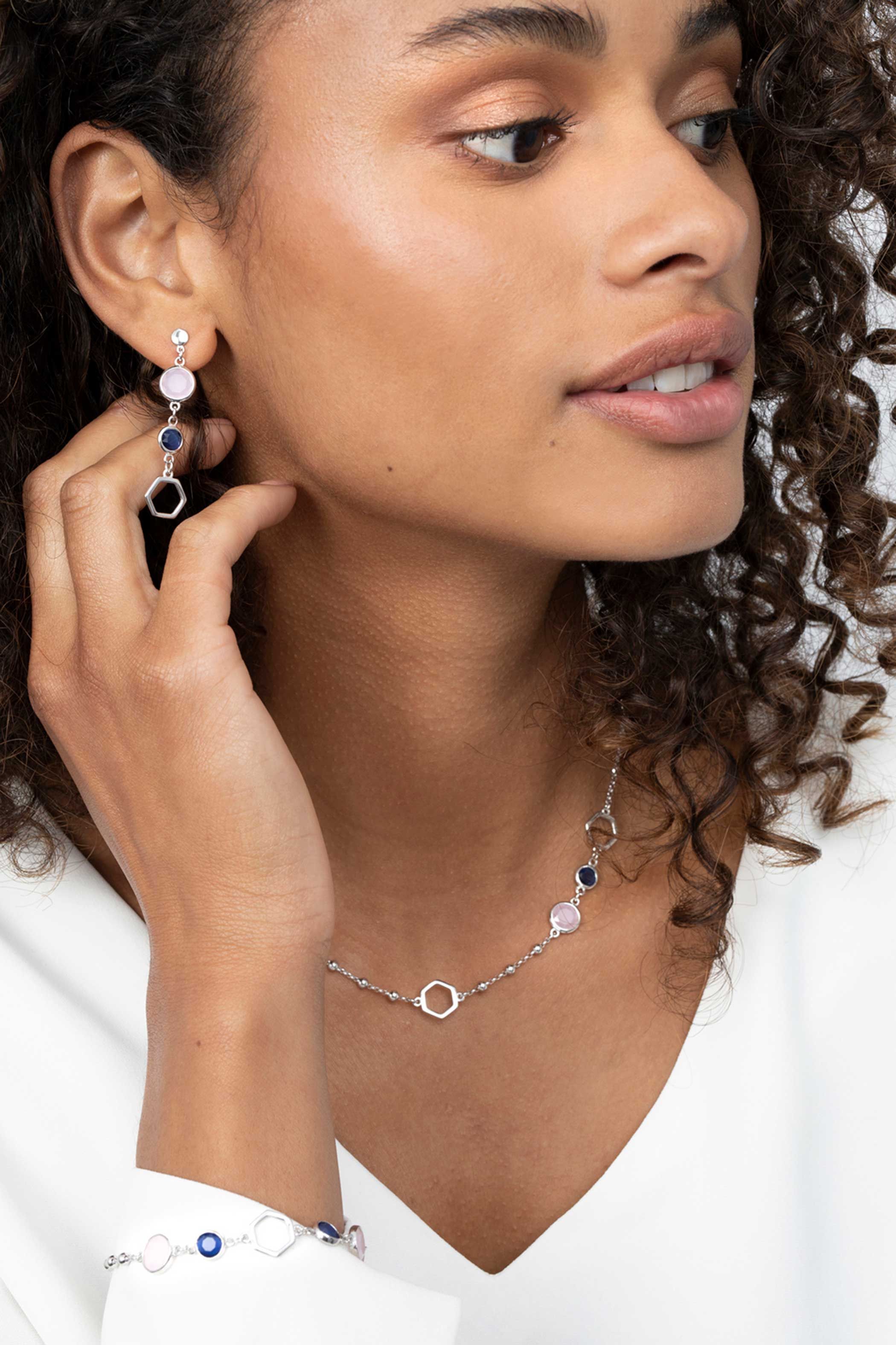 ZINZI Sterling Silver Fantasy Necklace Open Hexagons and Blue and Pink Color Stones 45cm ZIC2002
