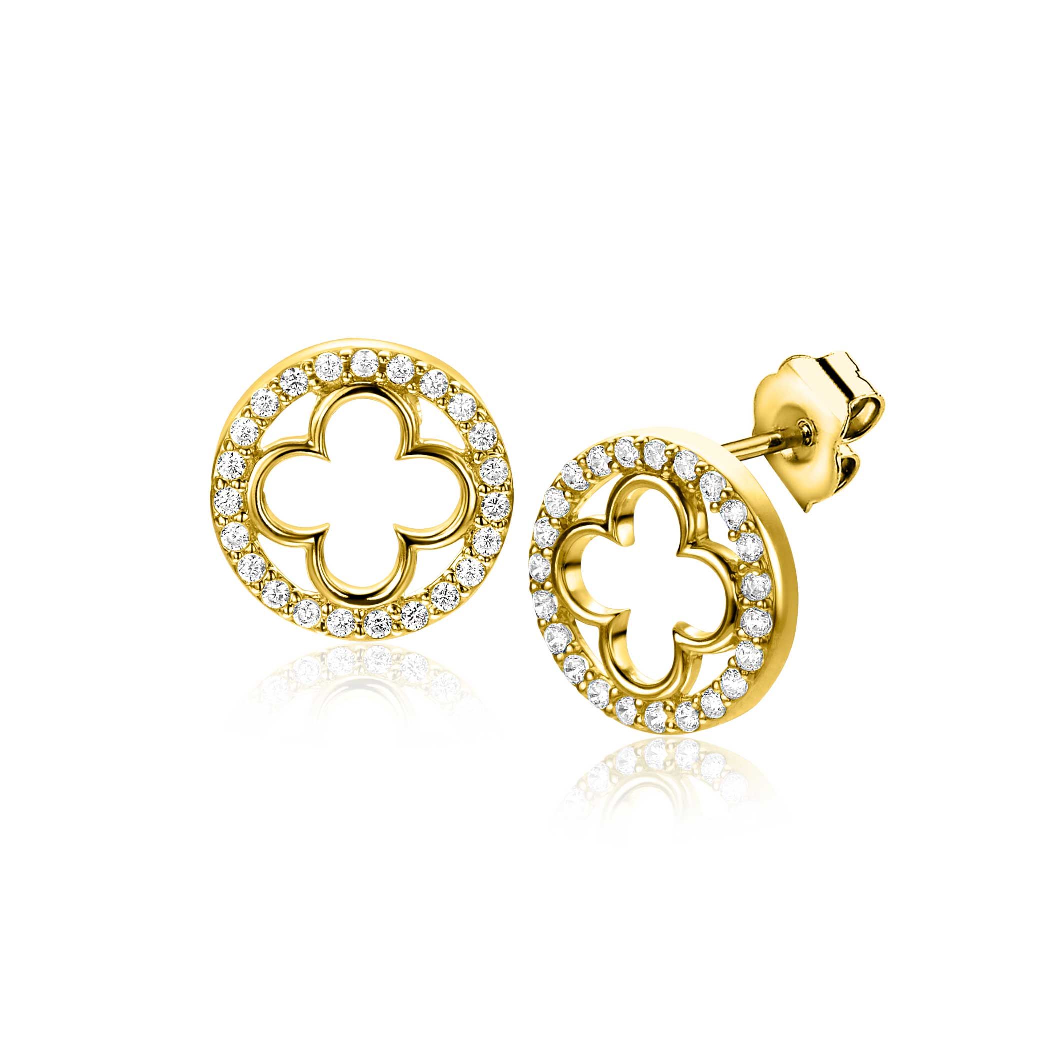 11mm ZINZI gold-plated silver stud earrings with a clover and rounded edge, adorned with white zirconia, ZIO-BF116Y