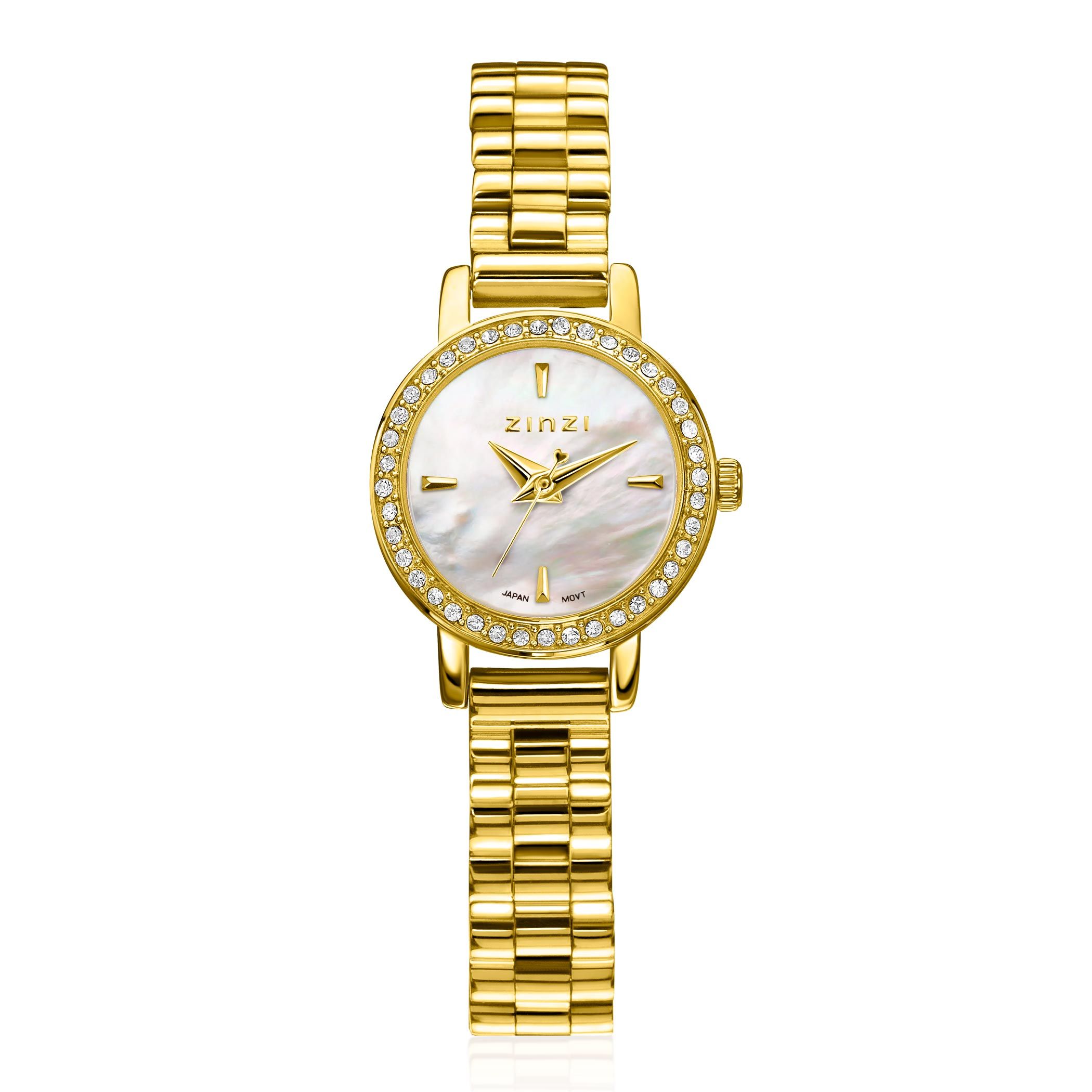 ZINZI Etoile Watch 20mm White Mother-of-Pearl Dial Gold Colored Stainless Steel Case set with white zirconia and Gold Colored Strap ZIW3234