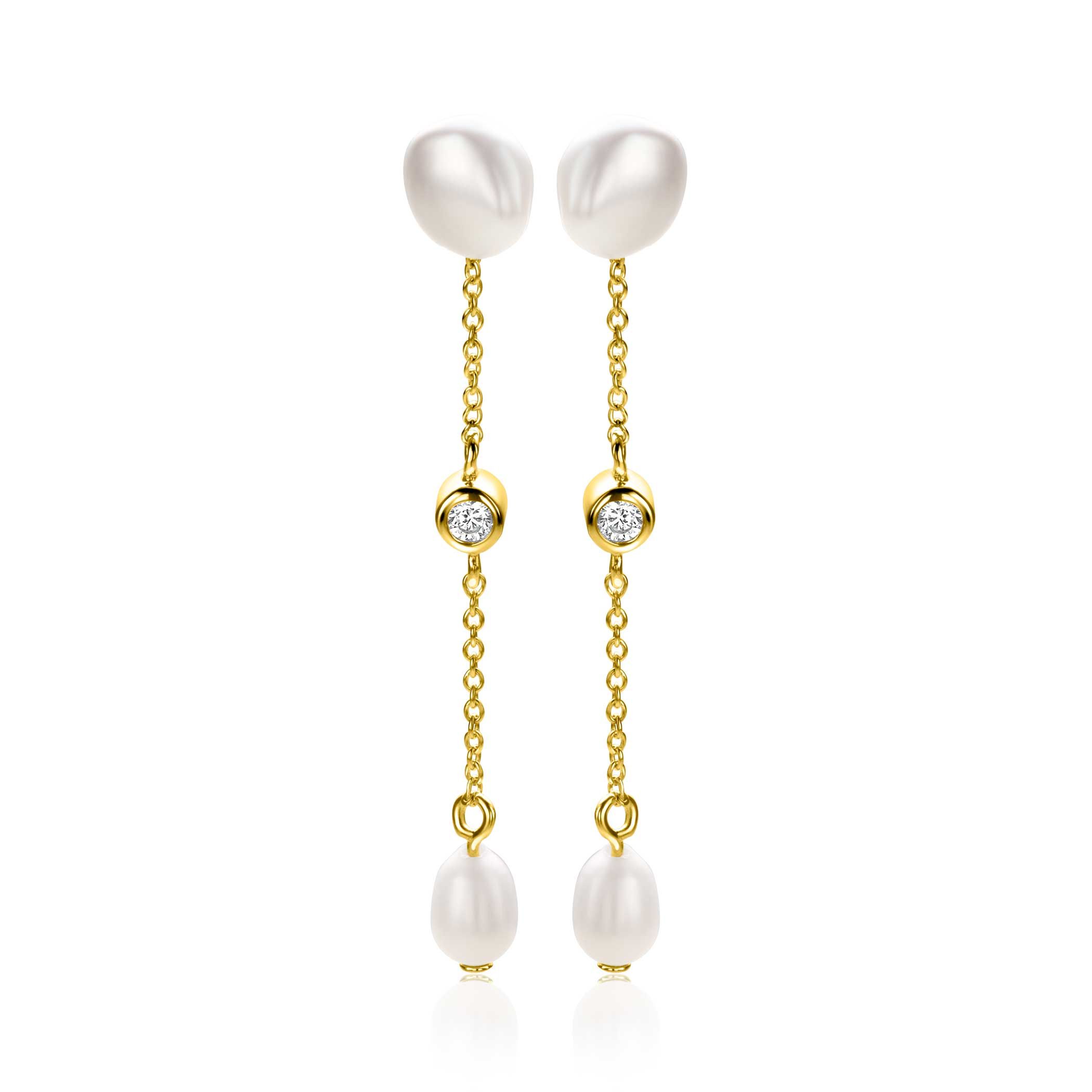 40mm ZINZI gold plated silver stud earrings with chain and oval white freshwater pearls ZIO2657