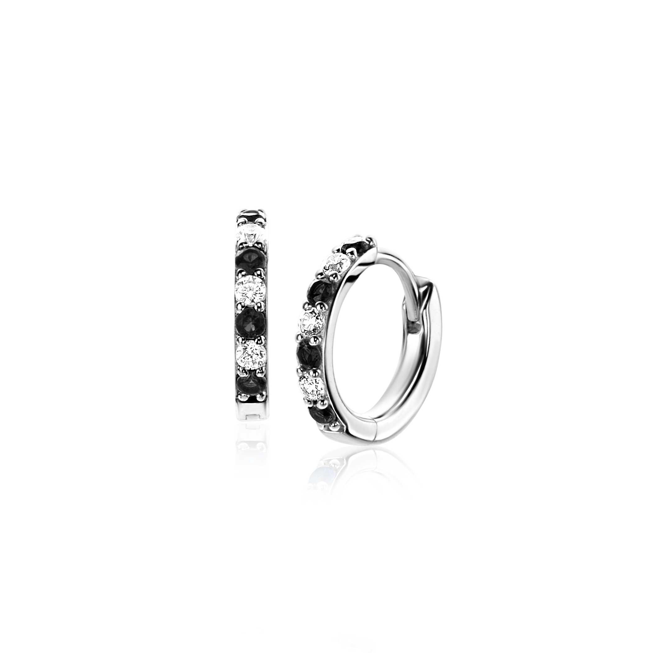 12mm ZINZI silver hoop earrings set with white and black cubic zirconias 2mm tube thickness with luxury clasp ZIO2559Z