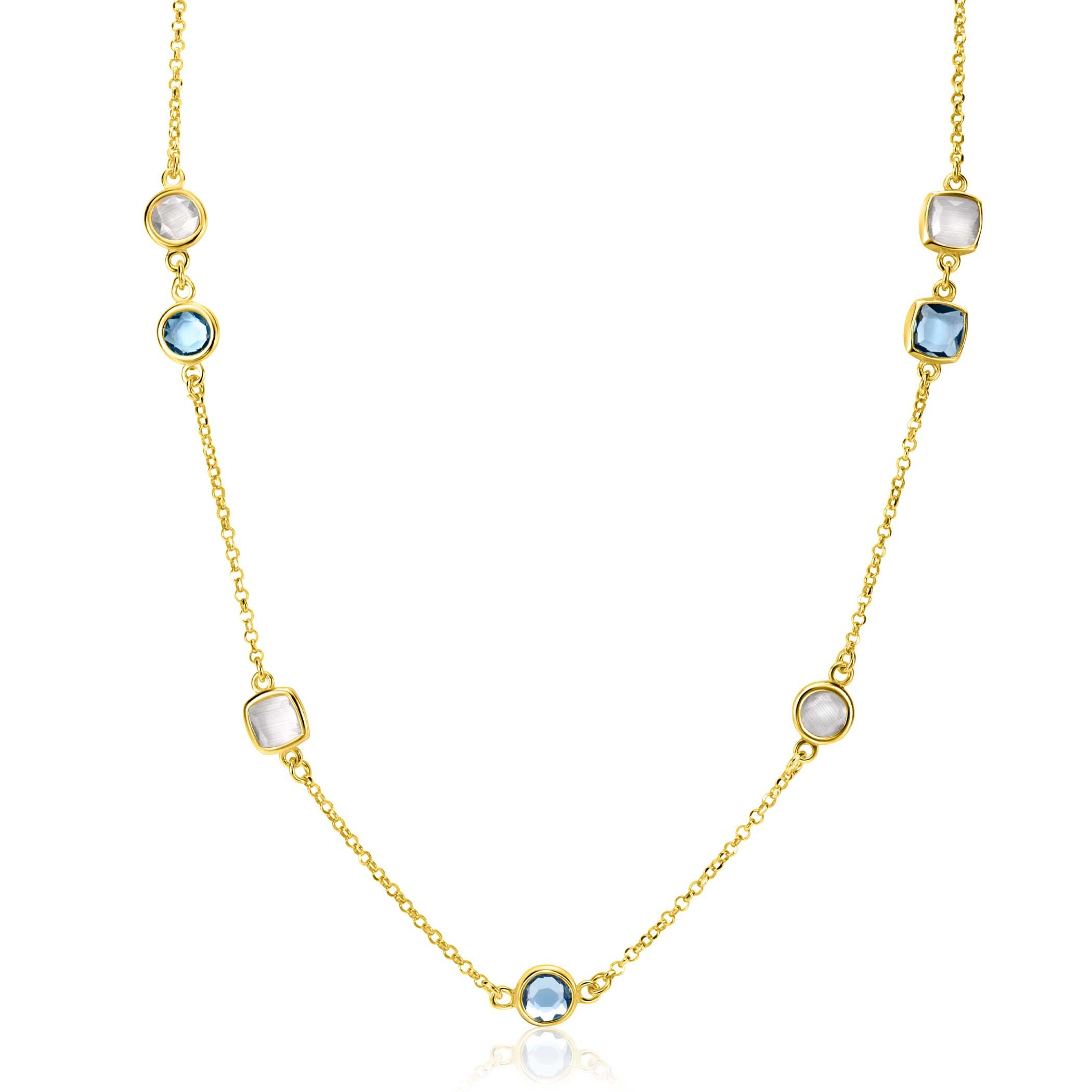 ZINZI Gold Plated Sterling Silver Multi-look Bracelet Curb and Green Bead Chain with Round Setting with Olive Green Color Stone 16,5-19,5cm ZIA2528G