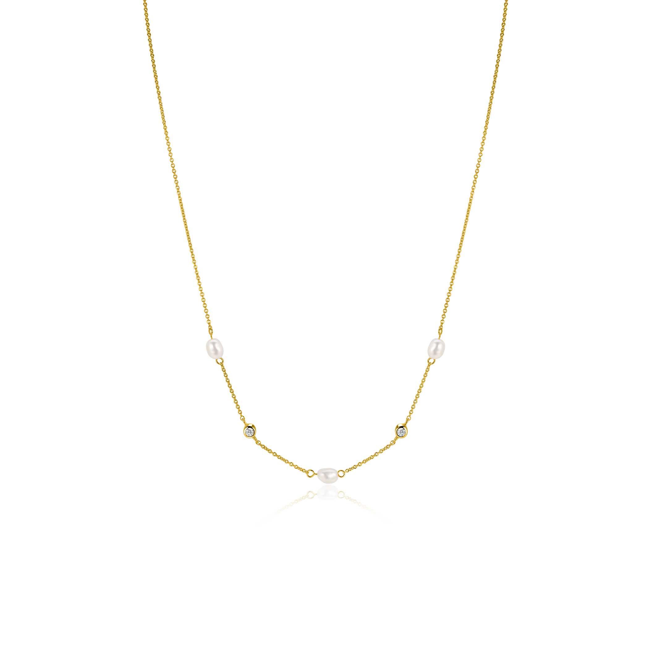 ZINZI gold plated silver rolo necklace with oval white freshwater pearls and white cubic zirconias 42-45 cm ZIC2657