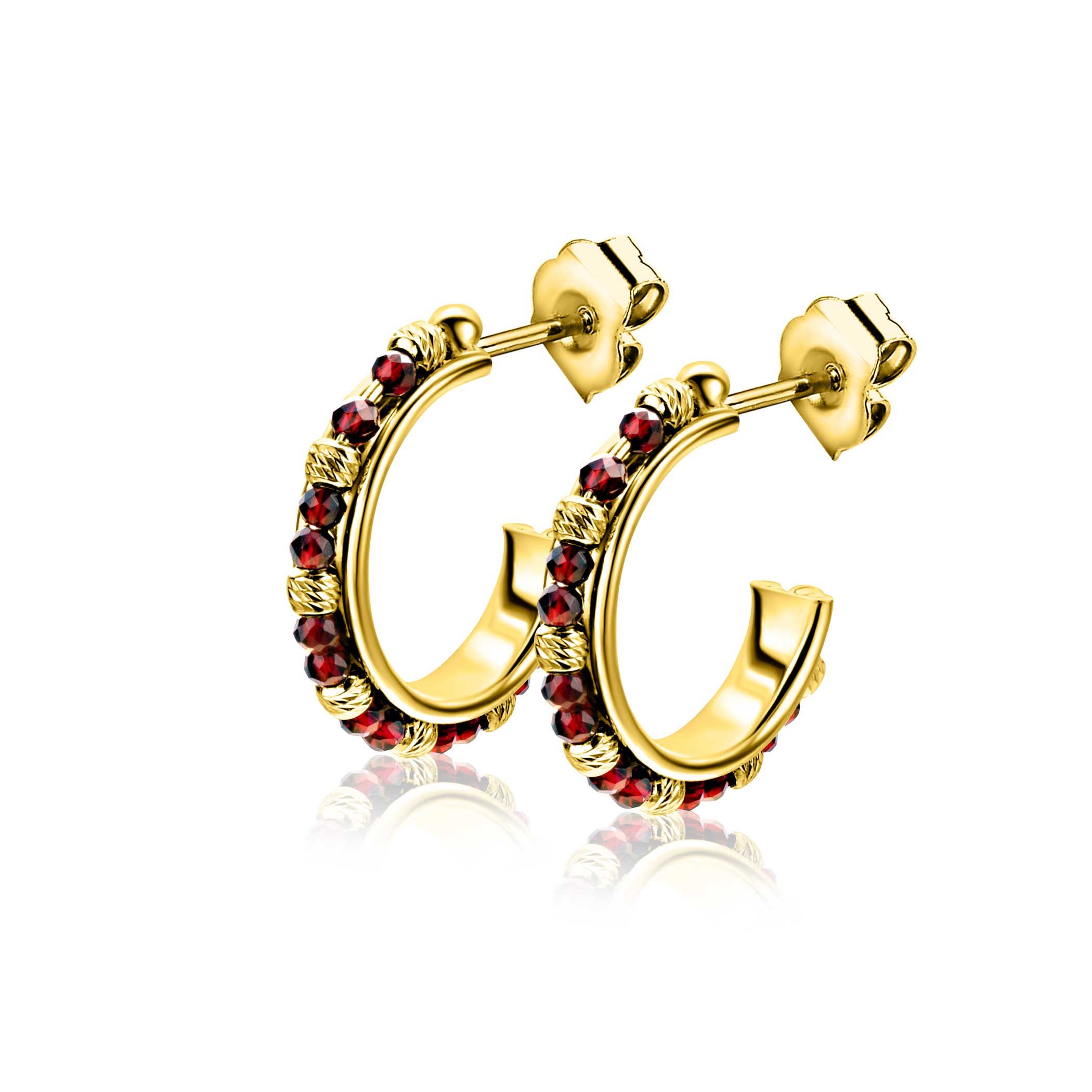 20mm ZINZI gold-plated silver stud earrings with round red beads and detailed spheres, ZIO-BF127