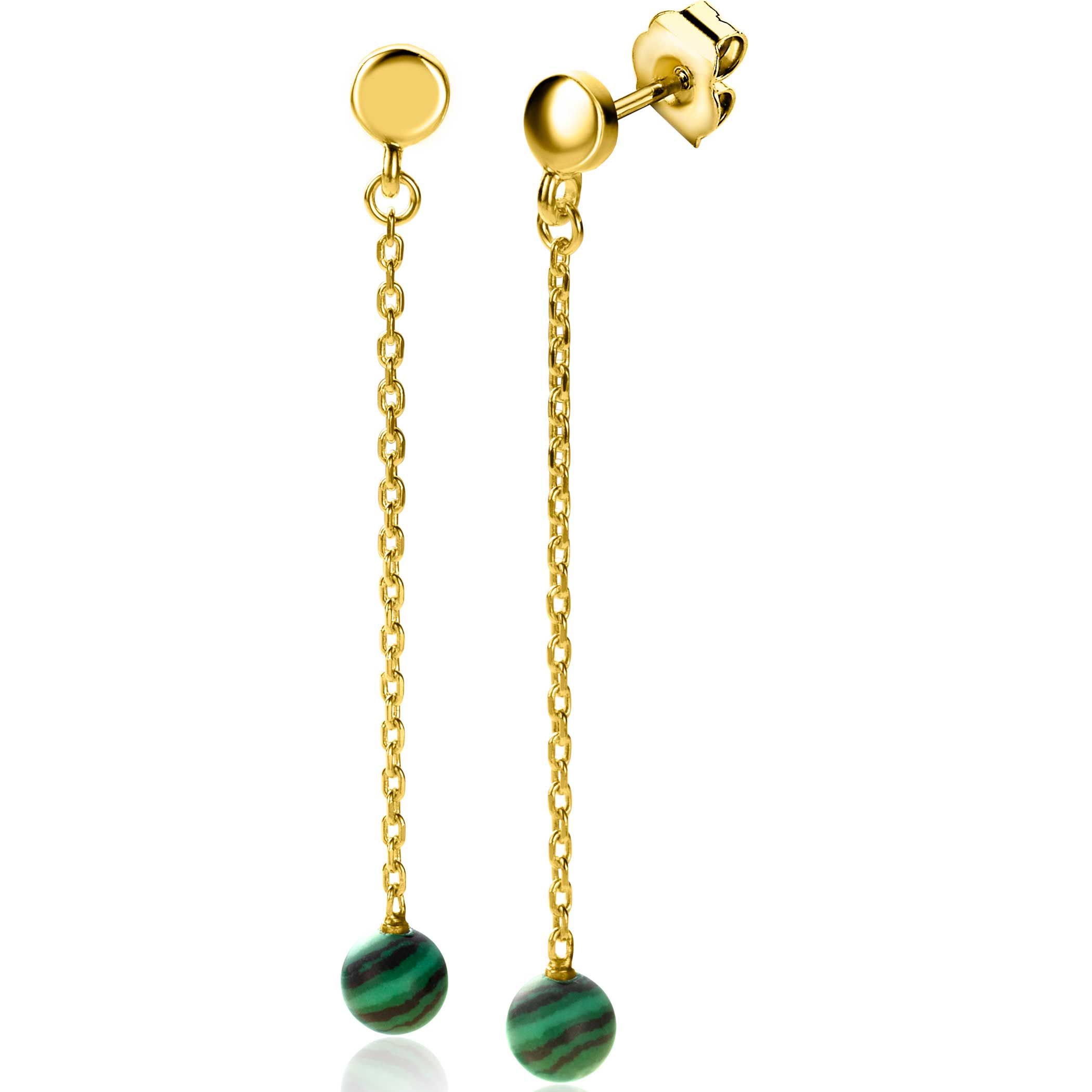 56mm ZINZI Gold Plated Sterling Silver Stud Earrings with Chain and Bead Green Color Stone ZIO-BF92