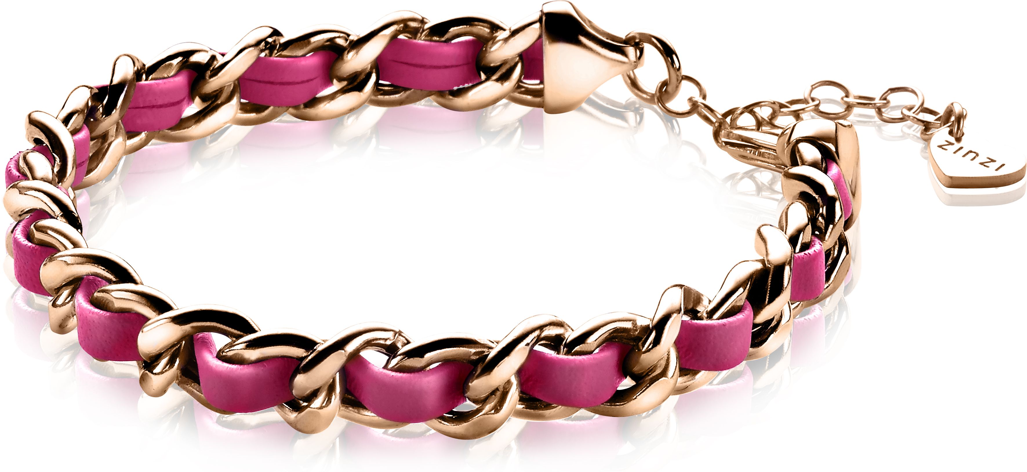 ZINZI Rose Gold Plated Sterling Silver Curb Chain Bracelet with Pink Rope 18-21cm ZIA1095M