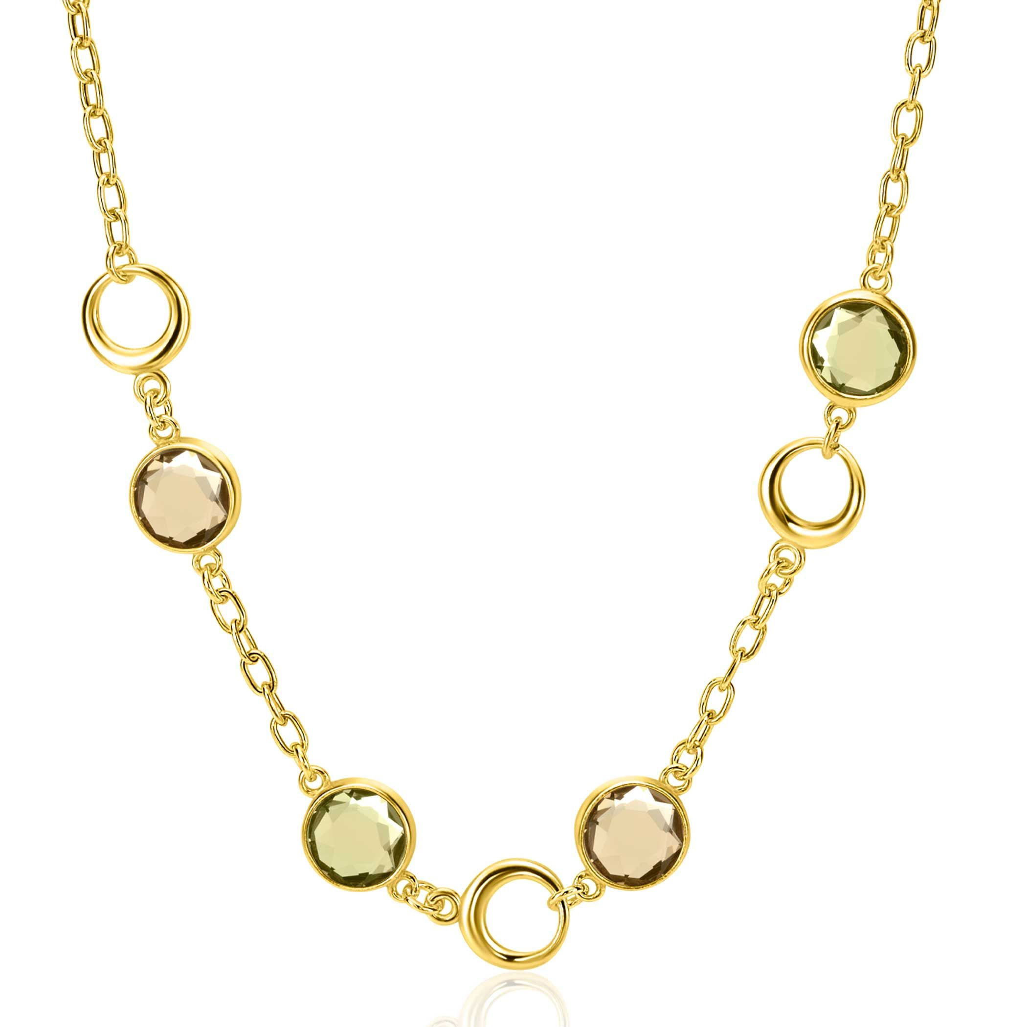 ZINZI Gold Plated Sterling Silver Fantasy Necklace with Round Settings with Champagne, Brown en Green Color Stones 42-45cm ZIC-BF91