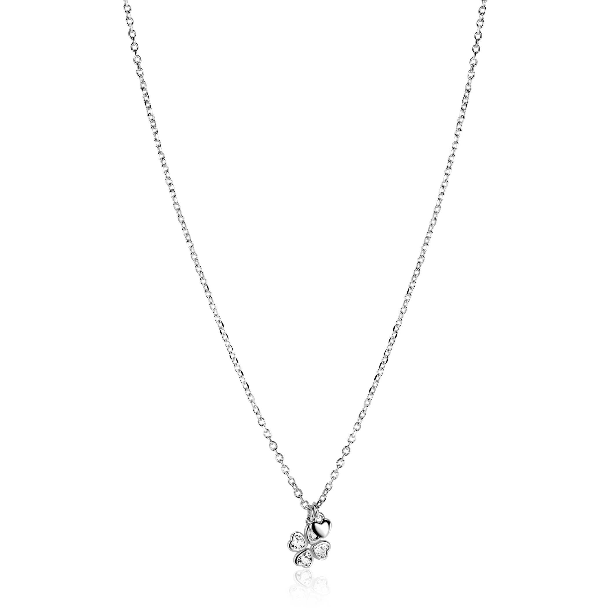 ZINZI zlv. collier met klaver zirc. en hartje
