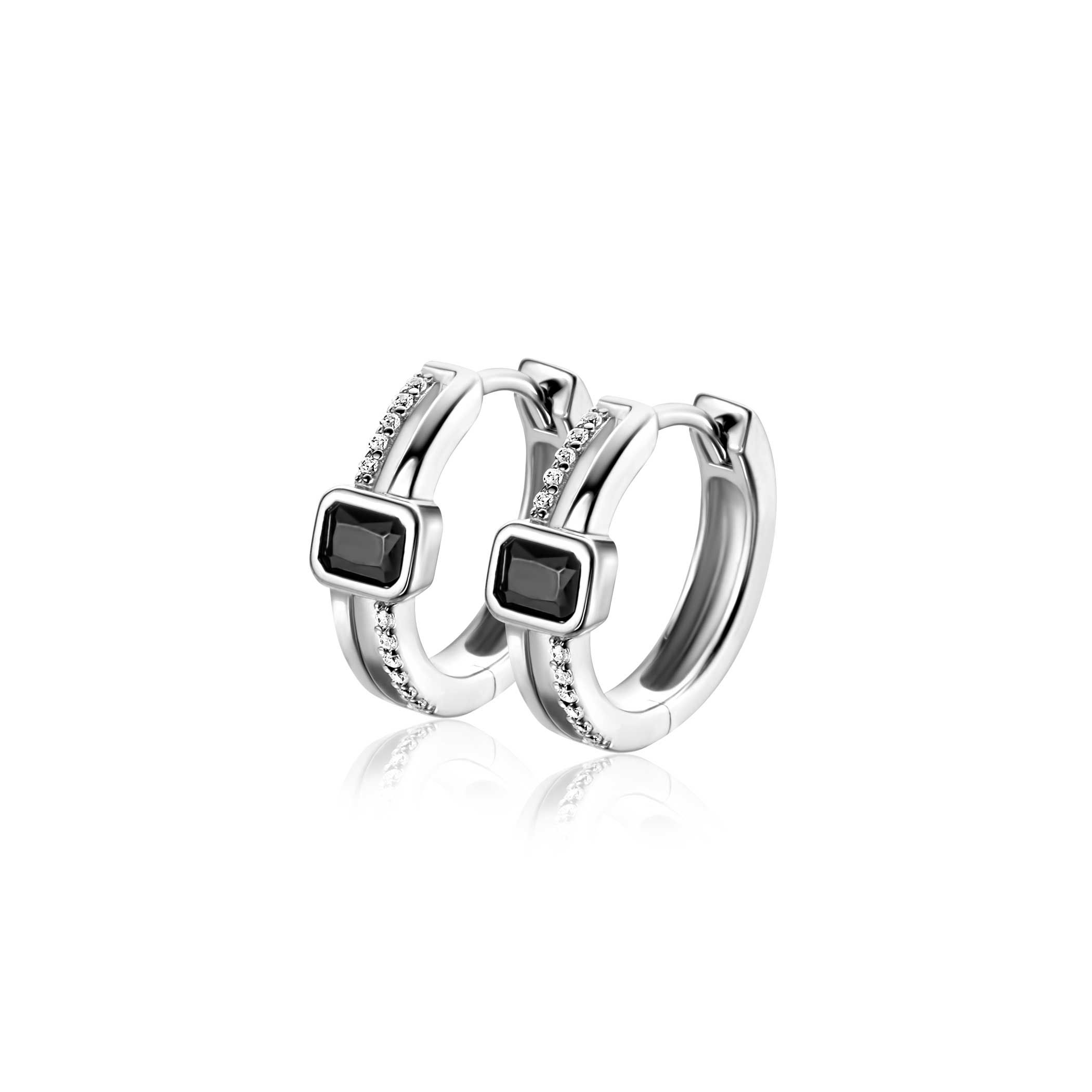 16mm ZINZI silver multi-look hoop earrings with rectangular black cubic zirconia and white cubic zirconia. Luxury clasp ZIO2626Z