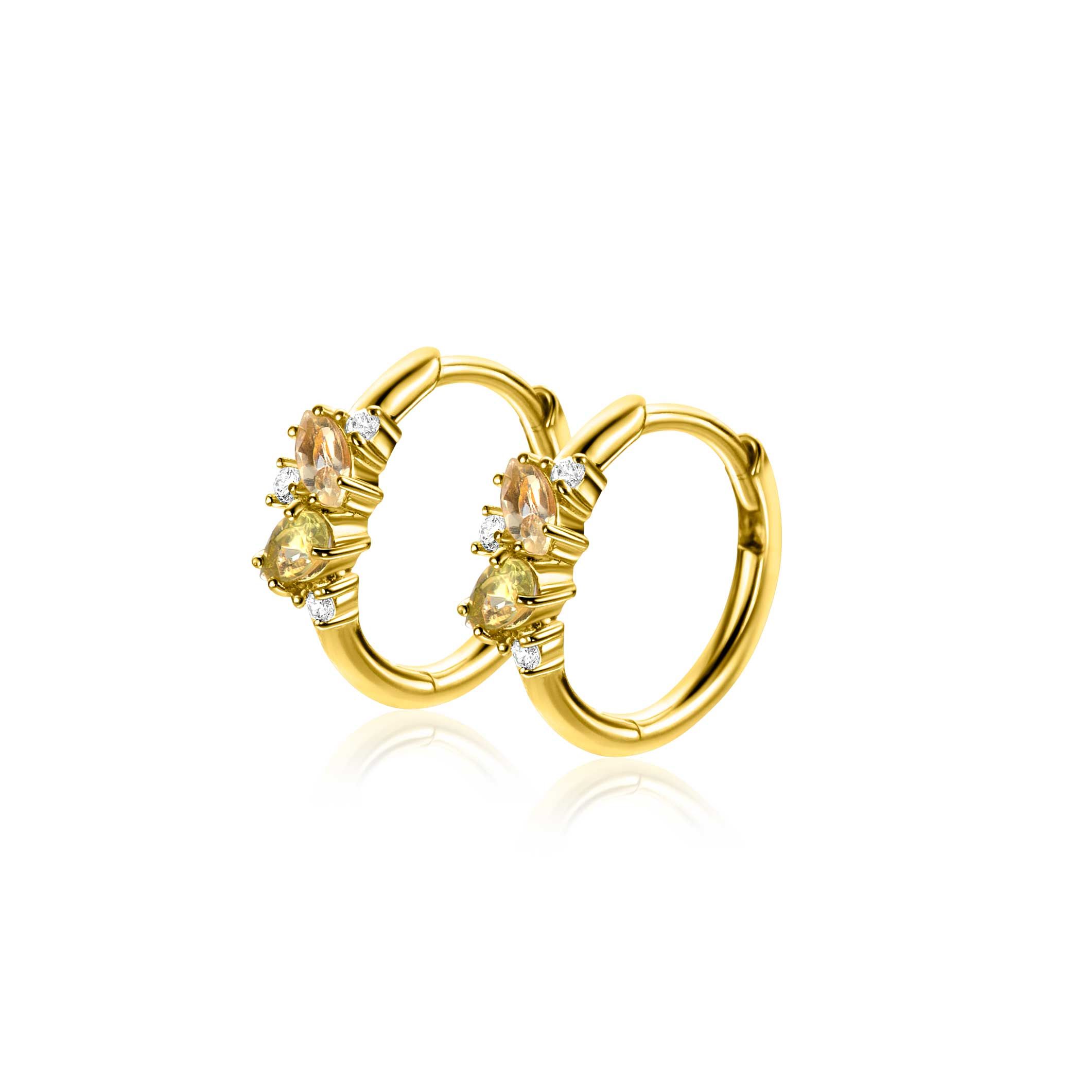 15mm ZINZI gold-plated silver hoops adorned with champagne, peridot, and white zirconia, featuring a luxury clasp closure, ZIO-BF120