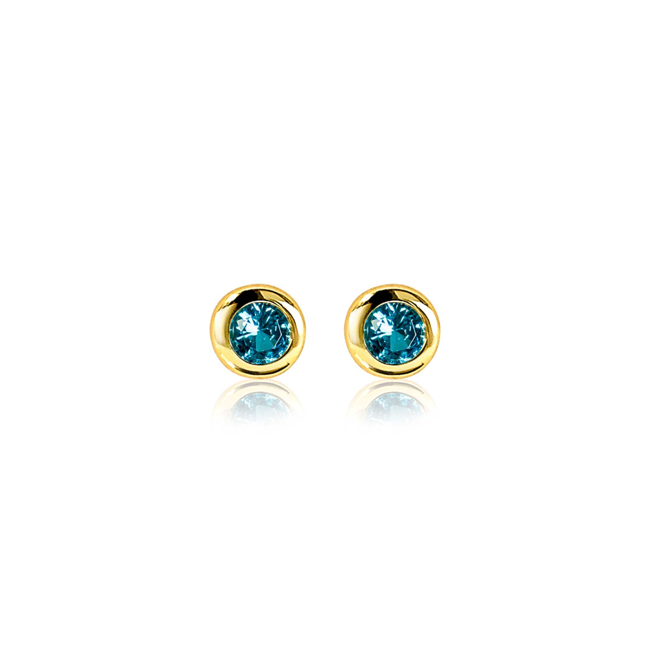 MARCH Stud Earrings 4mm Gold Plated with Birthstone Blue Aquamarine Zirconia