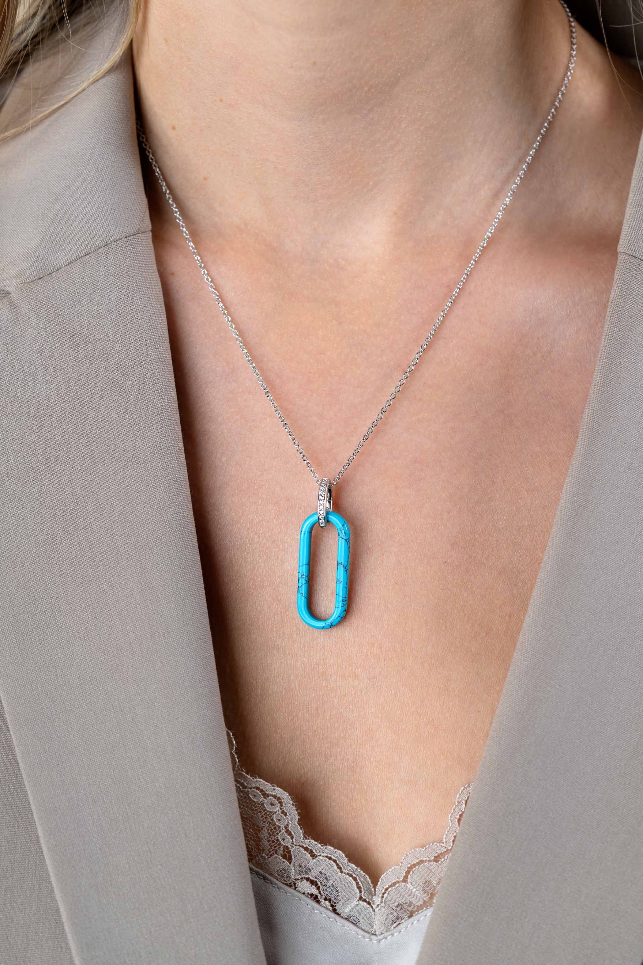 38mm ZINZI Oval Pendant Turquoise and Luxurious Sterling Silver Bail White Zirconias ZIH2456T (excl. necklace)