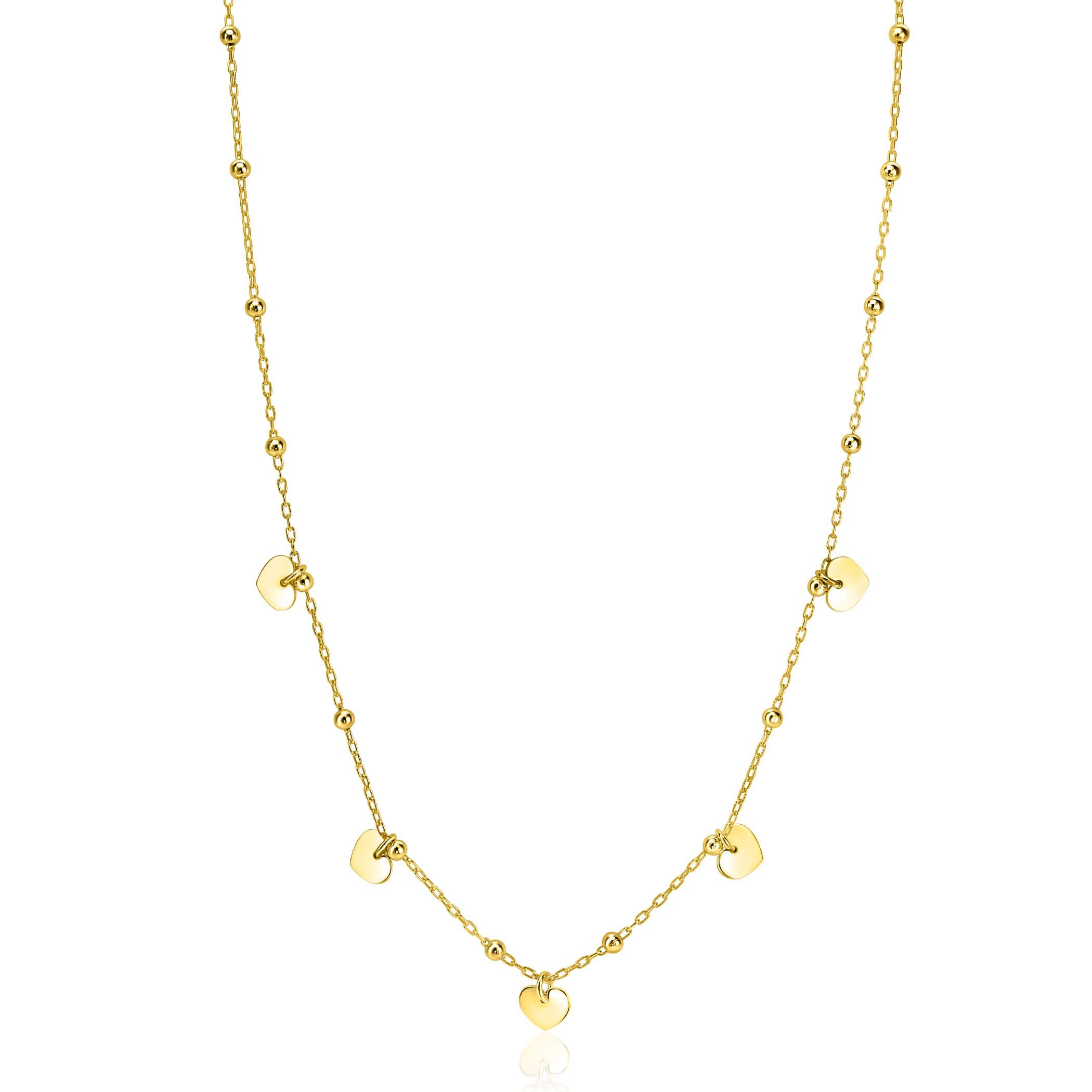 ZINZI Gold Plated Sterling Silver Chain Necklace with Beads and 5 Shiny Heart Charms 42-45cm ZIC2531G